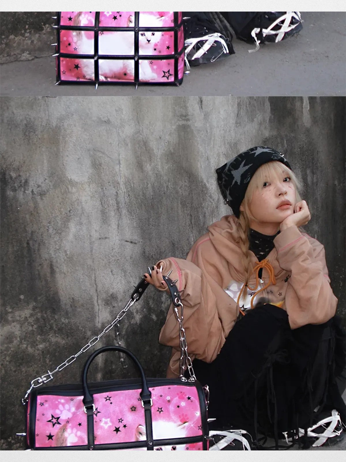 CFIERCE Spiked Cat Print Cage Bag in Red