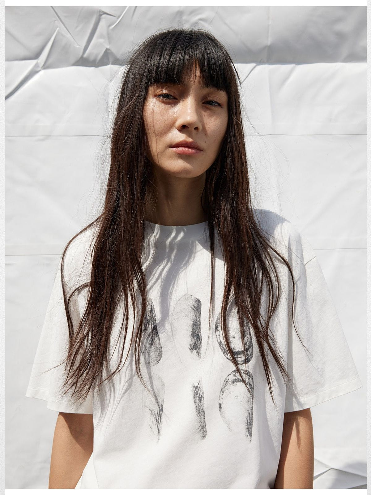RandomPiece Shell Print High Twist Cotton T Shirt in White - On Model