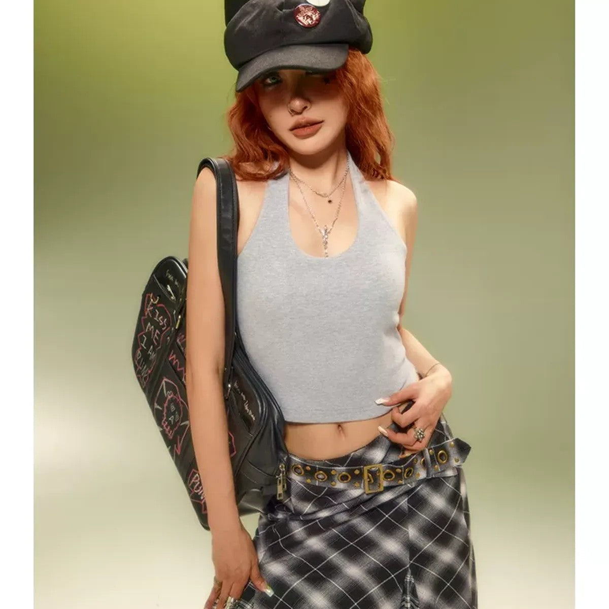 BeerBro Padded Halter Neck Crop Top in Gray - On Model