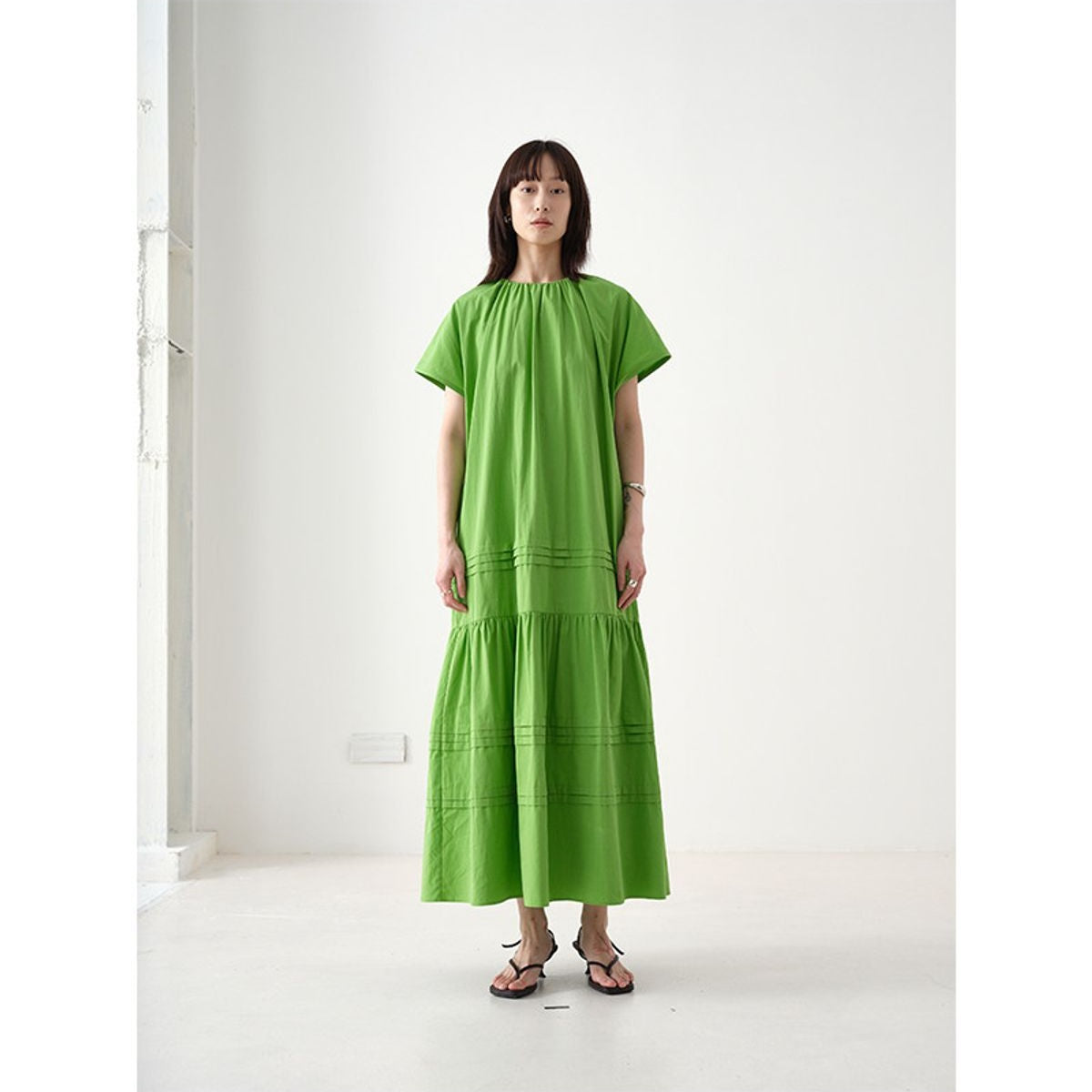 RandomPiece Eco Cotton Hemp Tiered Maxi Dress in Green - On Model