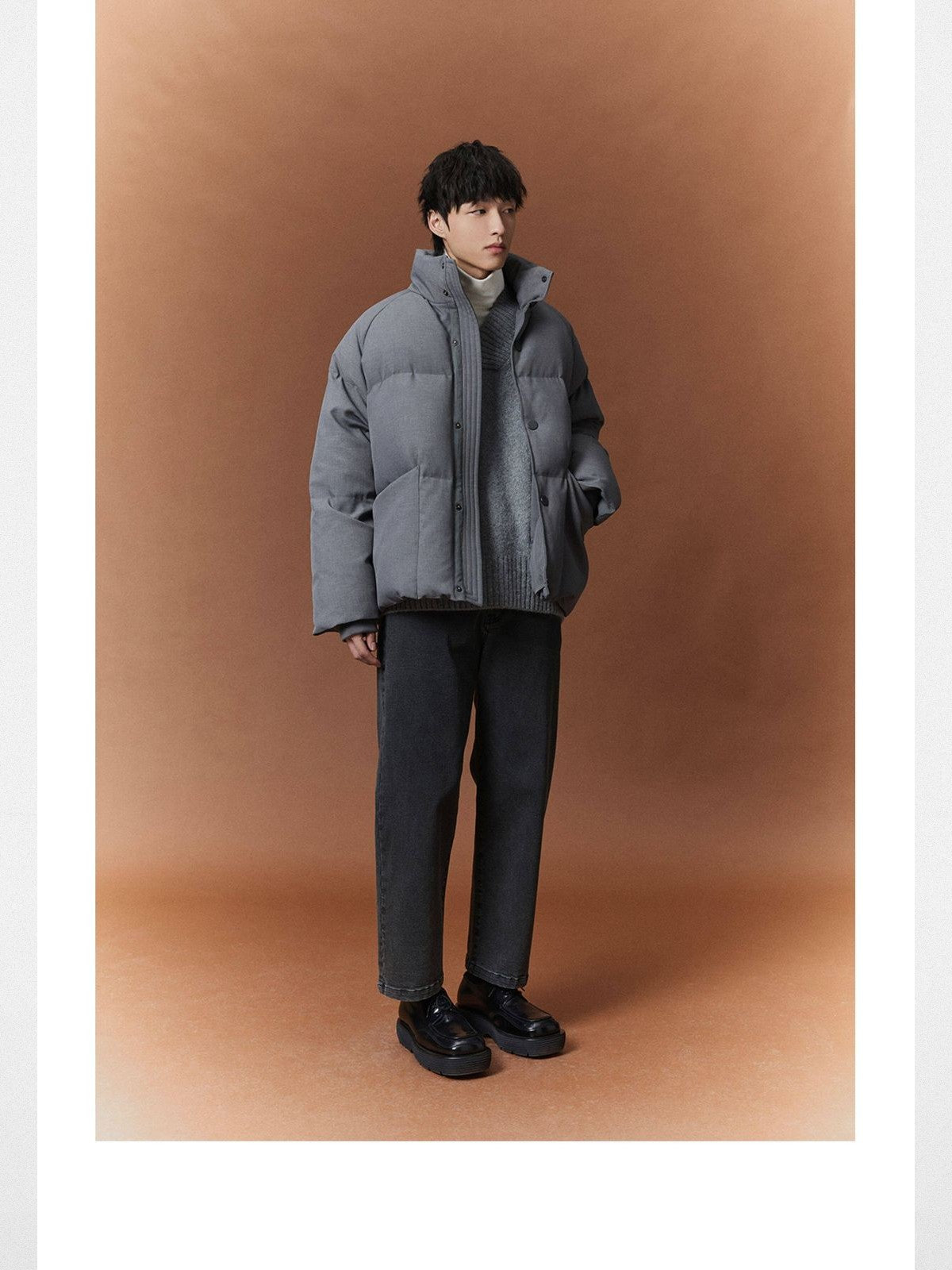 NANS Wool Touch High Neck Down Puffer in Gray - On Model