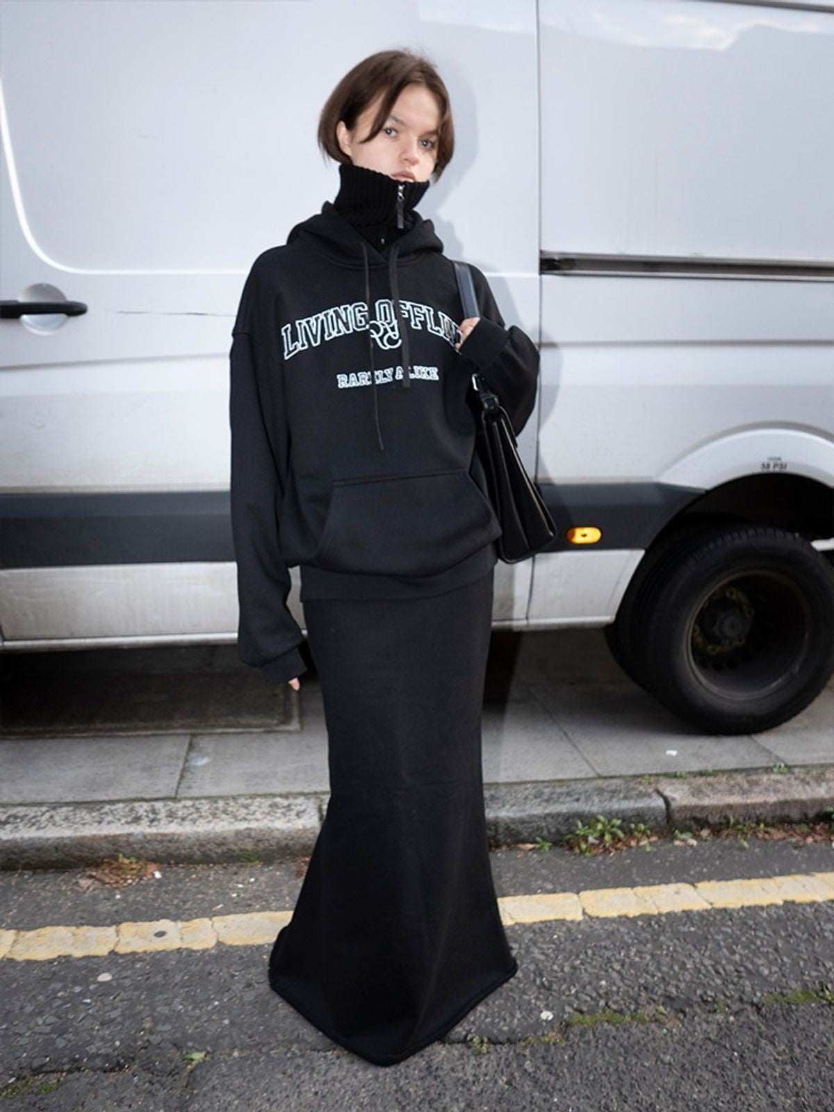 RARELY ALIKE Living Offline Embroidered Fleece Hoodie in Black - Lifestyle