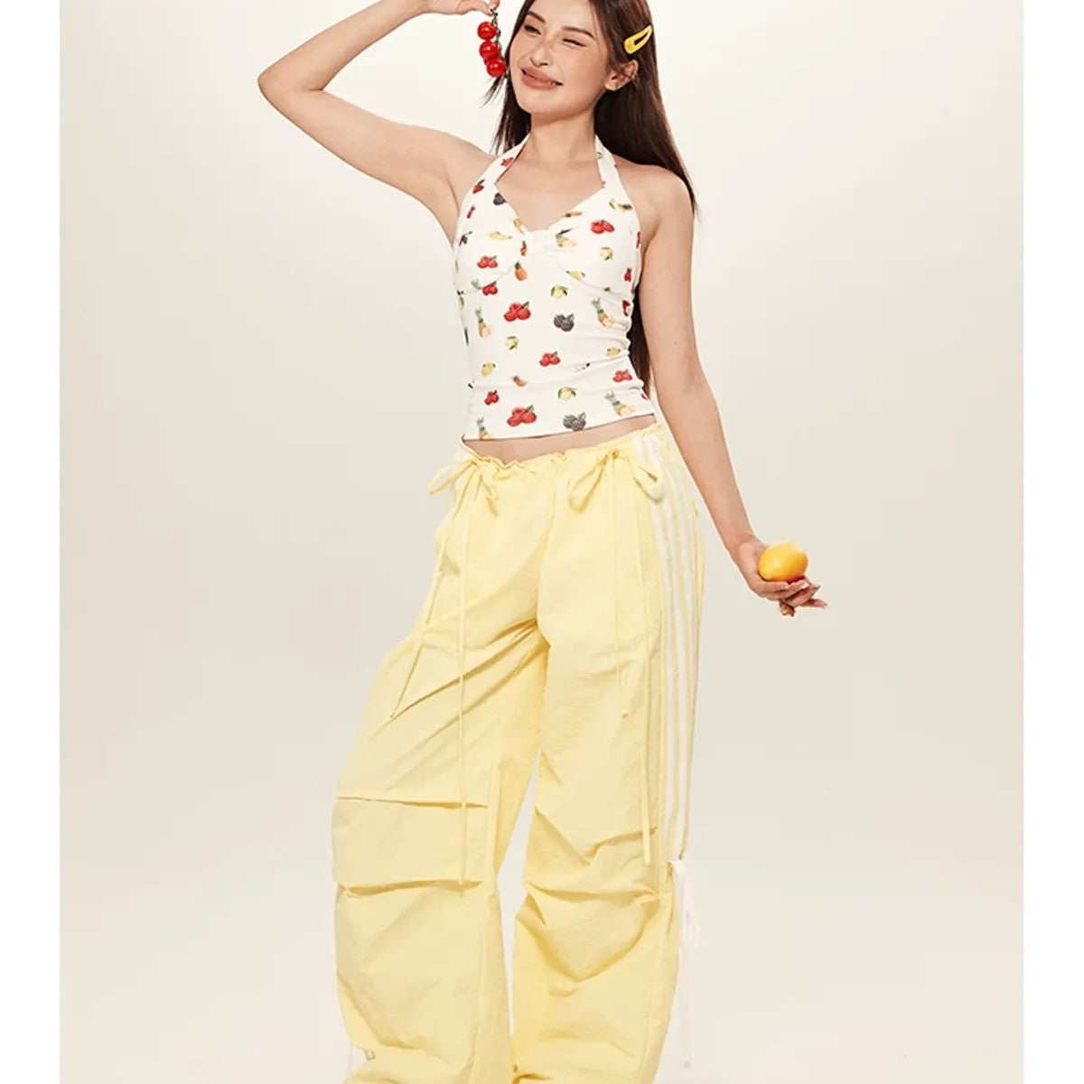 BeerBro Drawstring Wide Leg Parachute Pants in Yellow - On Model