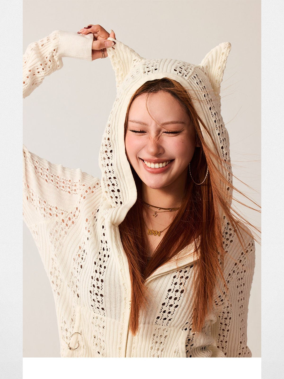 BeerBro Devil Horn Open Knit Cardigan in White - On Model