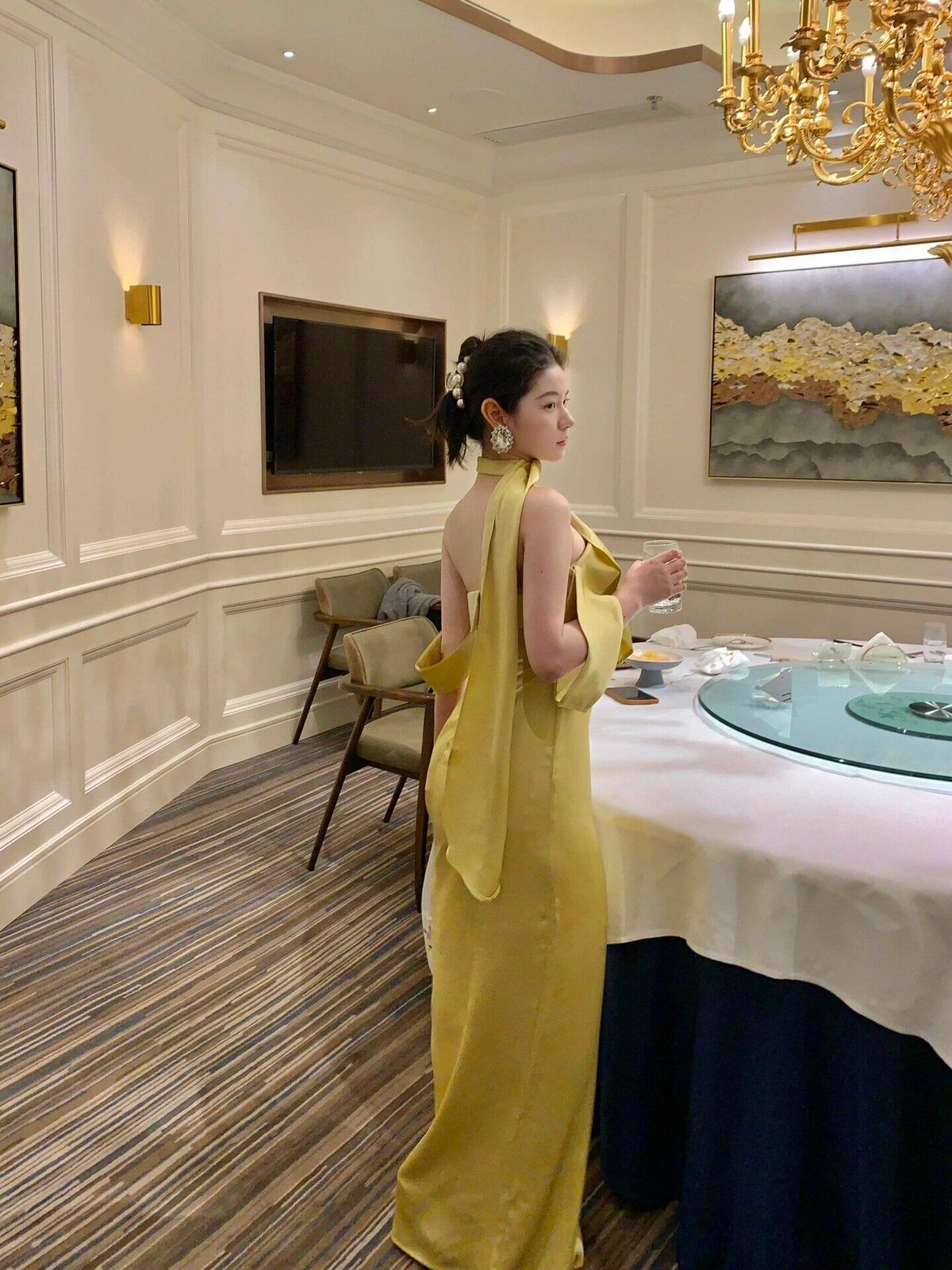 1S STUDIO Acetate Satin Strapless Dress in Yellow - On Model