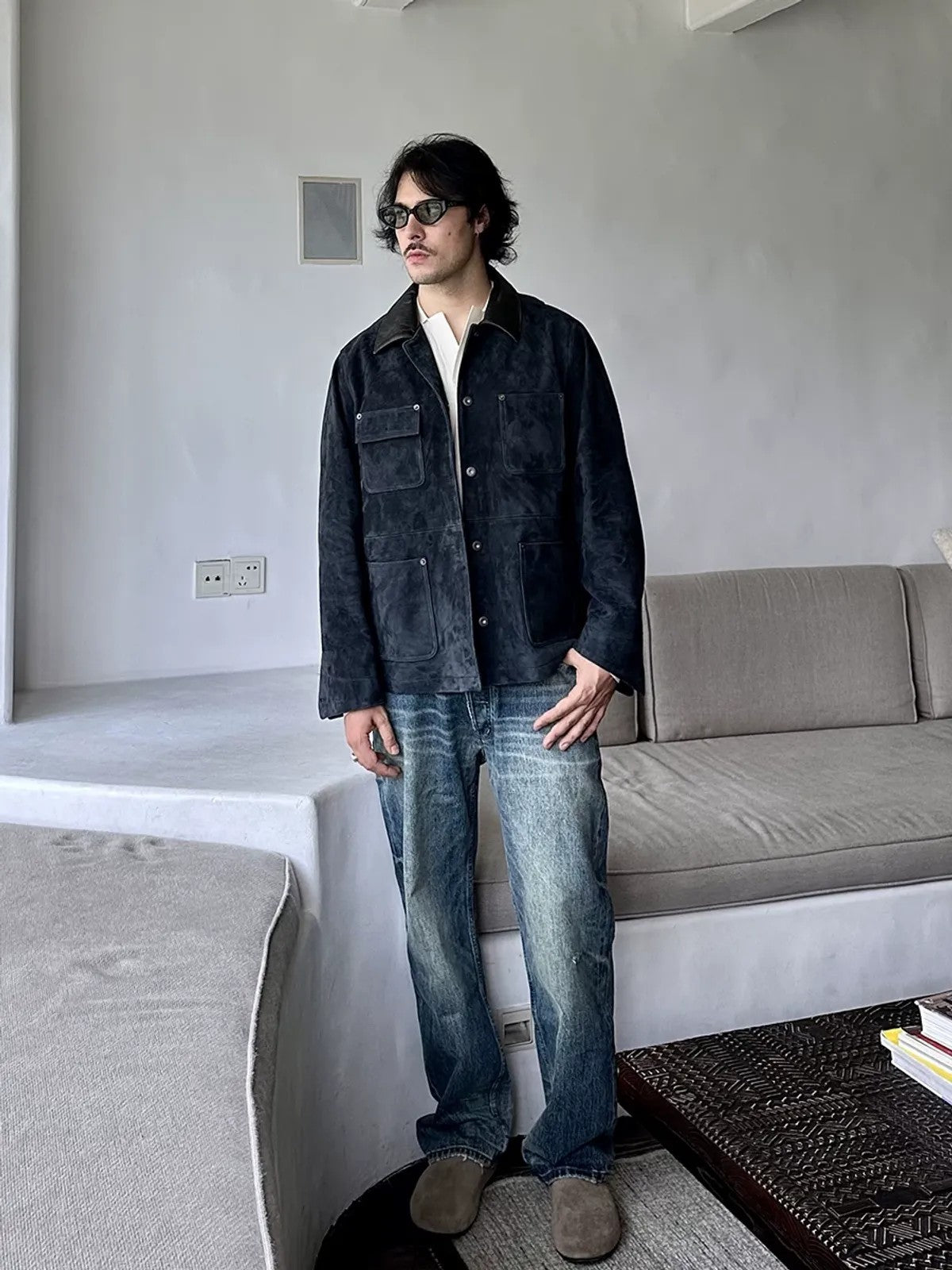 Roolrren Homme Suede Michigan Work Jacket in Navy Blue - On Model