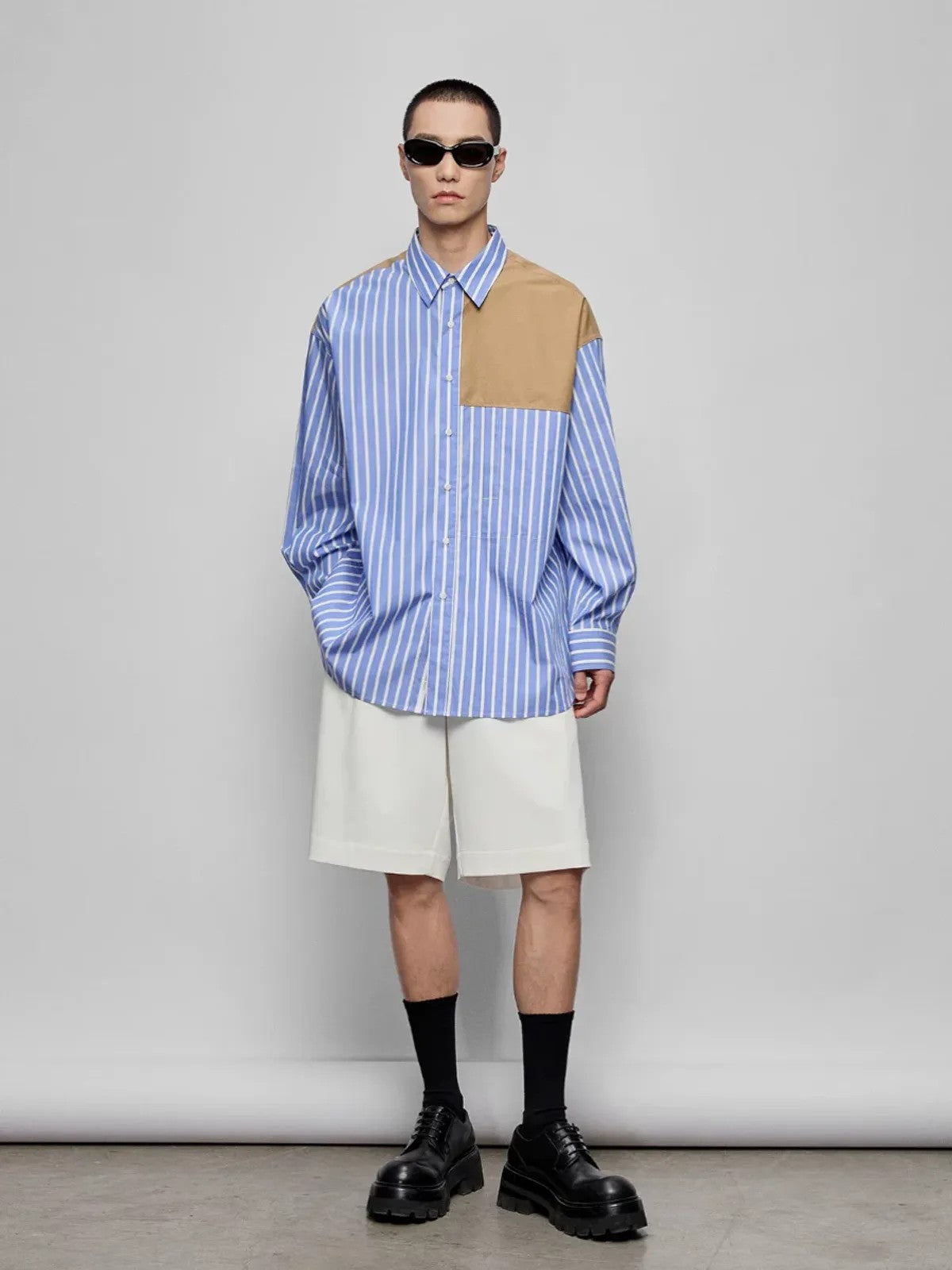 NANS Contrast Panel Oversized Cotton Shirt in Blue