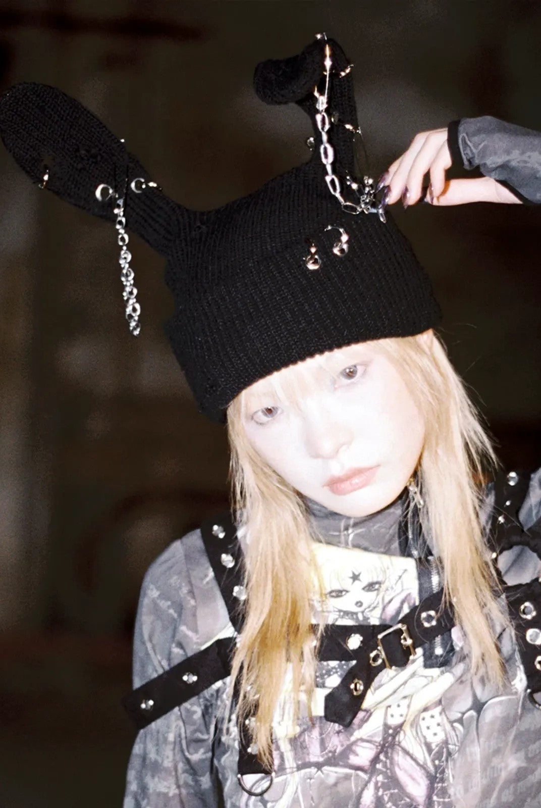 CFIERCE Safety Pin Ribbed Bunny Beanie in Black