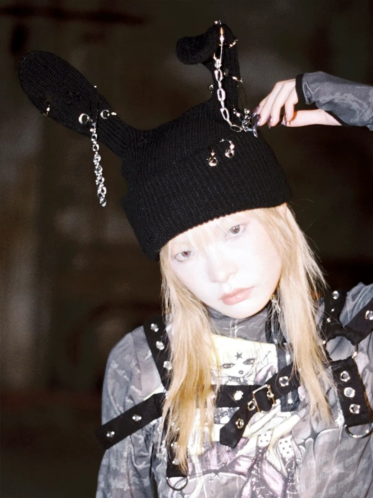 CFIERCE Safety Pin Ribbed Bunny Beanie in Black