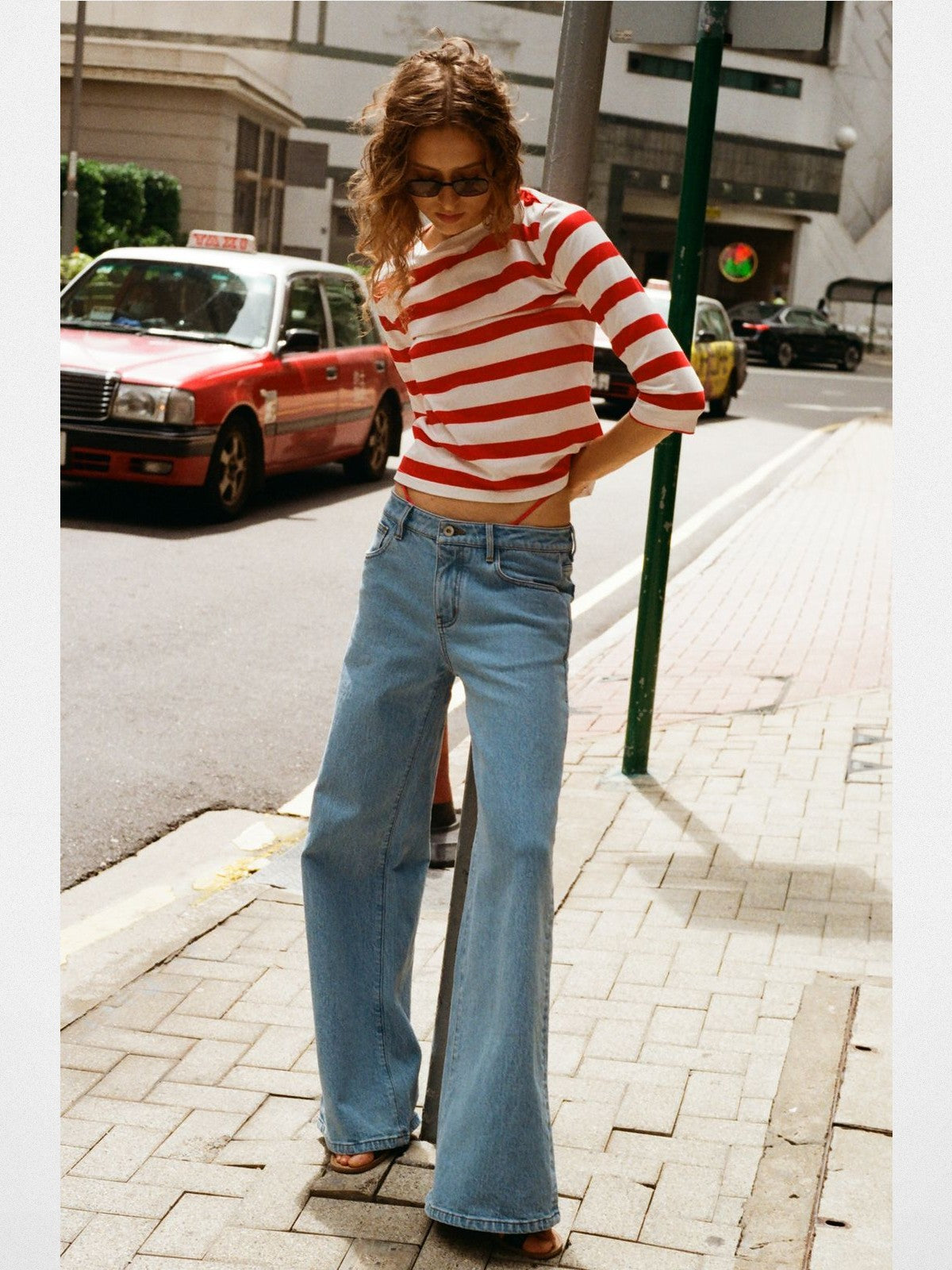 Alright Then Textured Wide Leg Jeans in Blue - On Model