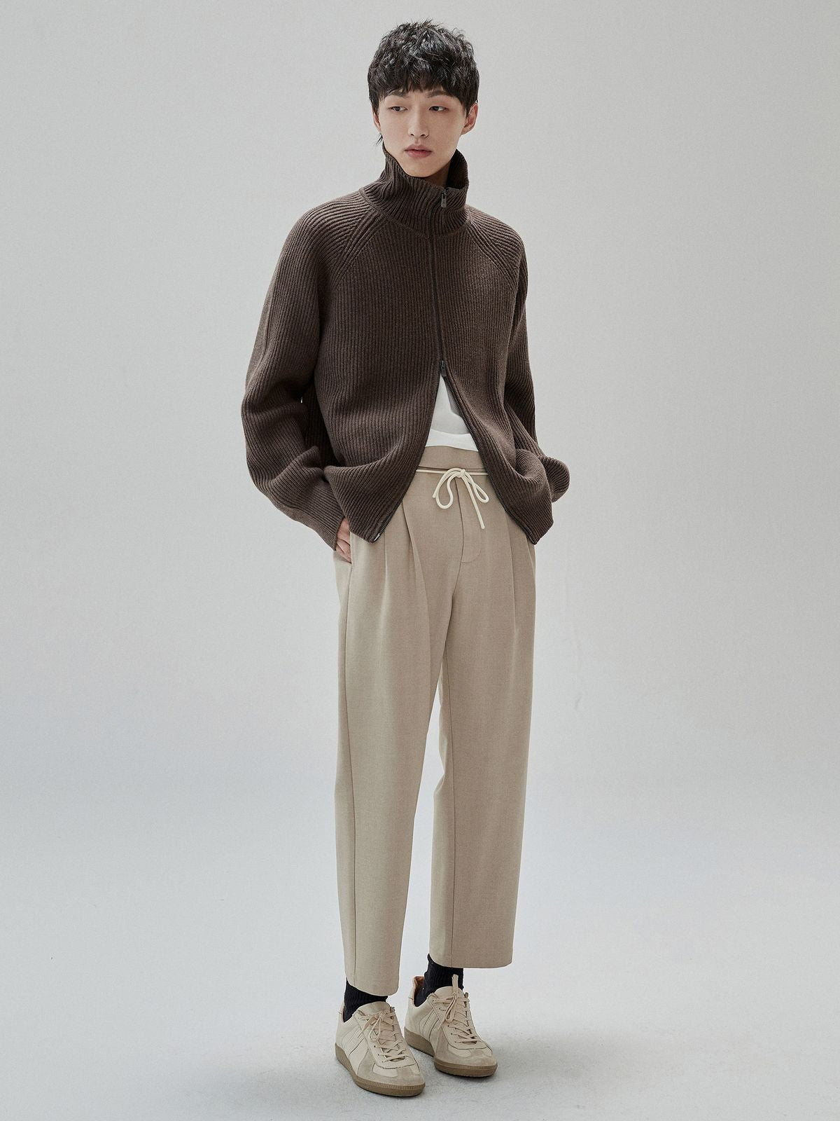 NANS Heavyweight Raglan Zip Cardigan in Brown - On Model