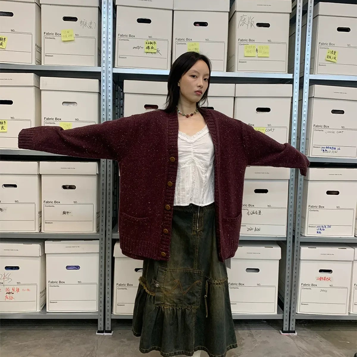 NeverSeez Asymmetric Vintage Wash Denim Skirt in Dark Wash - On Model