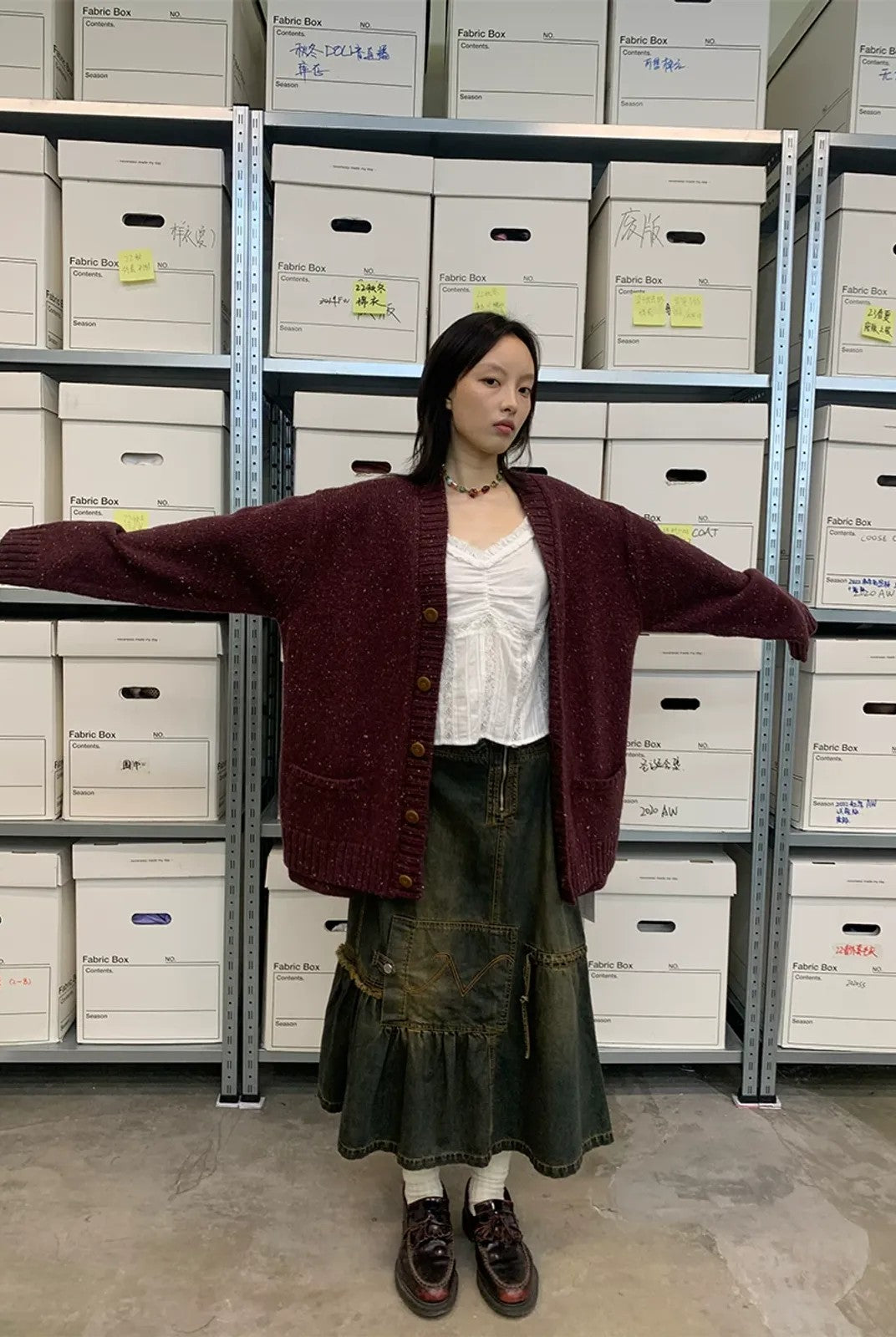 NeverSeez Asymmetric Vintage Wash Denim Skirt in Dark Wash - On Model