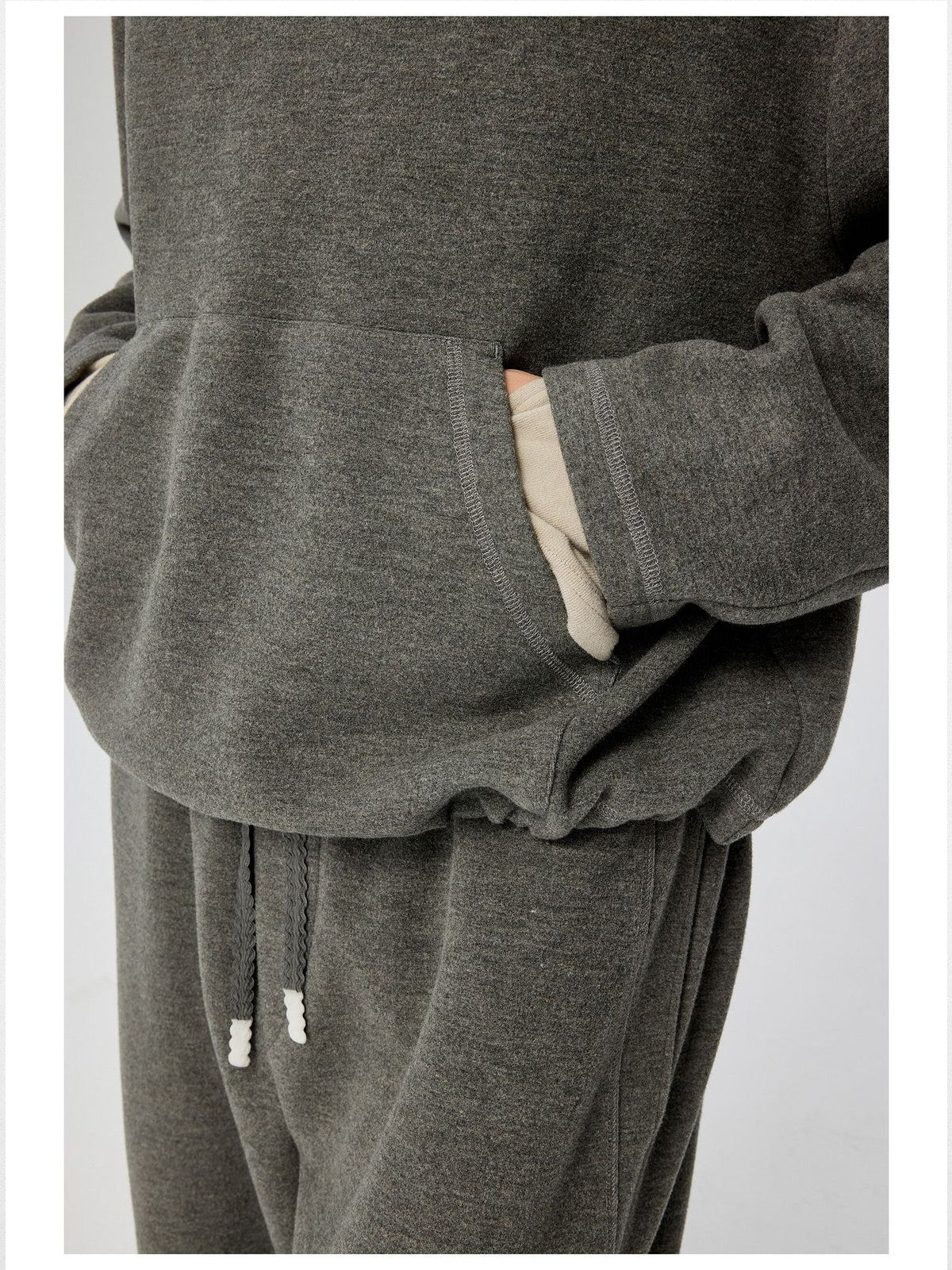 Simple Project Drawstring Hem Fleece Hoodie in Gray - On Model