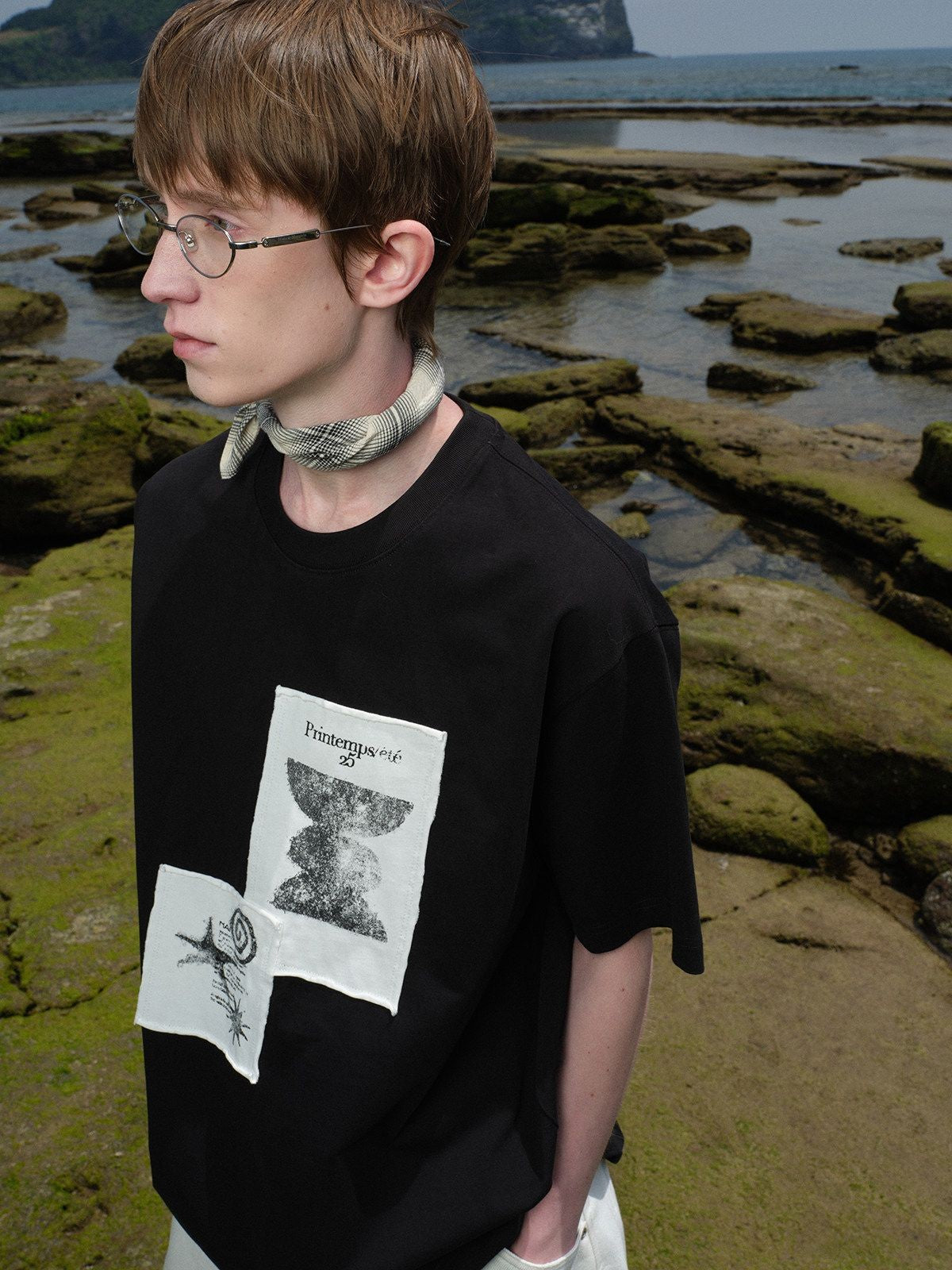 NANS Raw Edge Appliqu Cotton T Shirt in Black - On Model