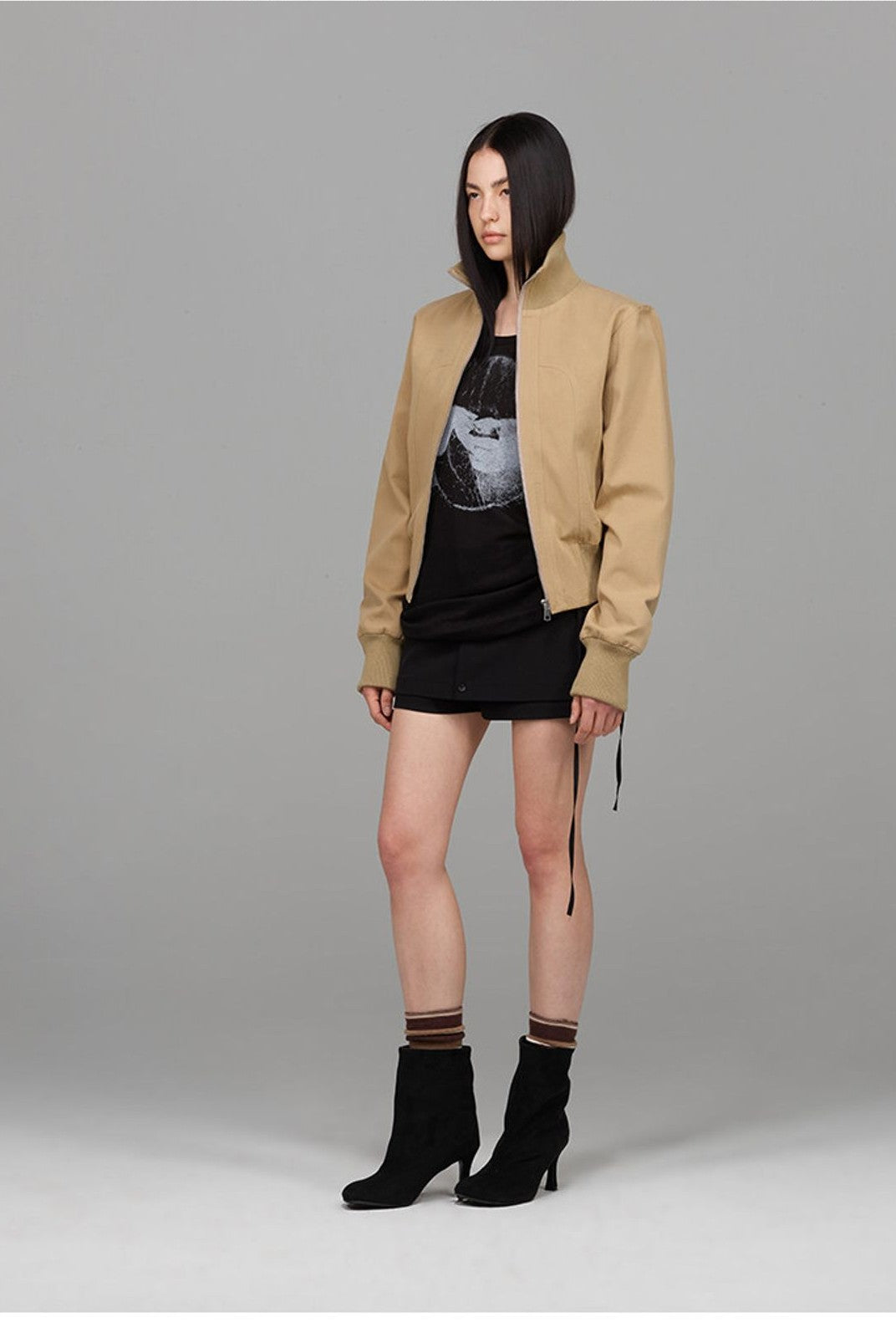 ACSENSE STUDIO Curved Panel Cotton Jacket in Khaki - On Model