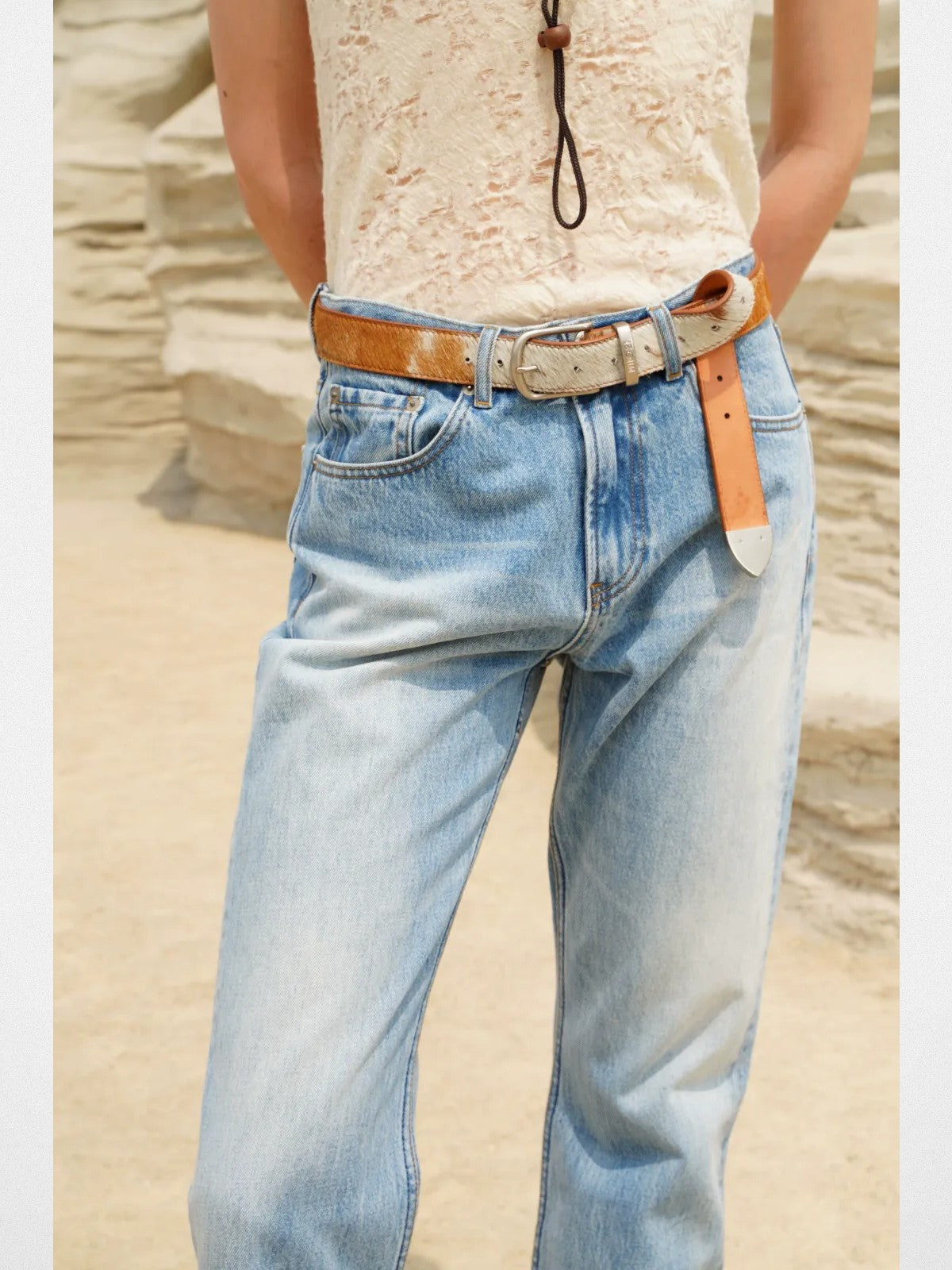 Retro 21 Washed Ice Blue Flared Jeans in Blue - On Female Model