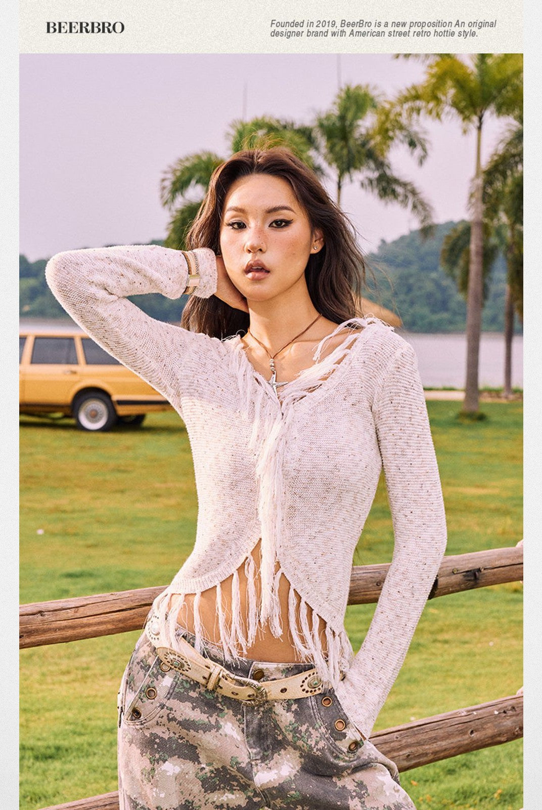 BeerBro Western Fringe Wool Cardigan in Beige