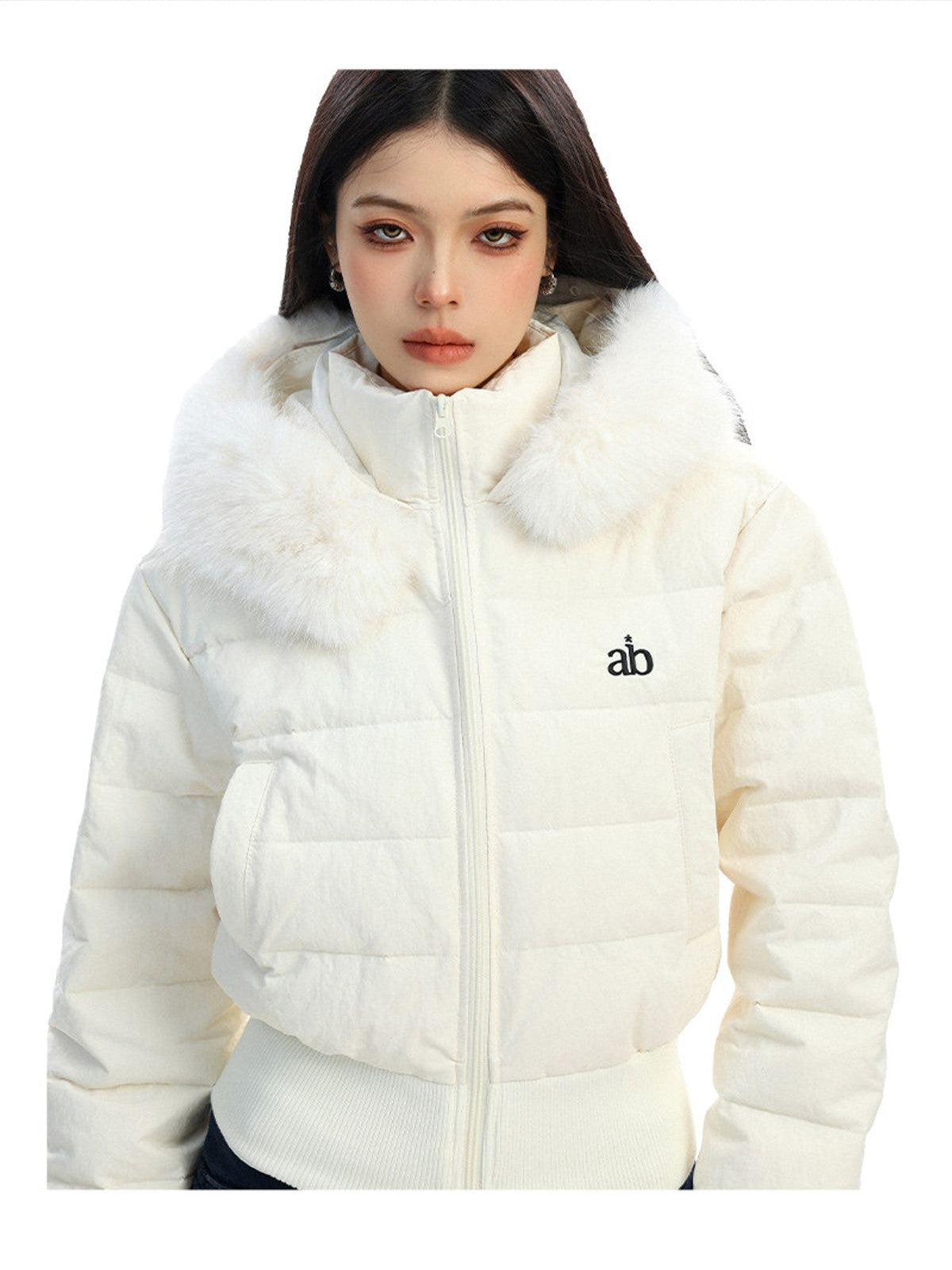 Big Gold studio Fur Trimmed Cropped Down Puffer in Off-White - On Model