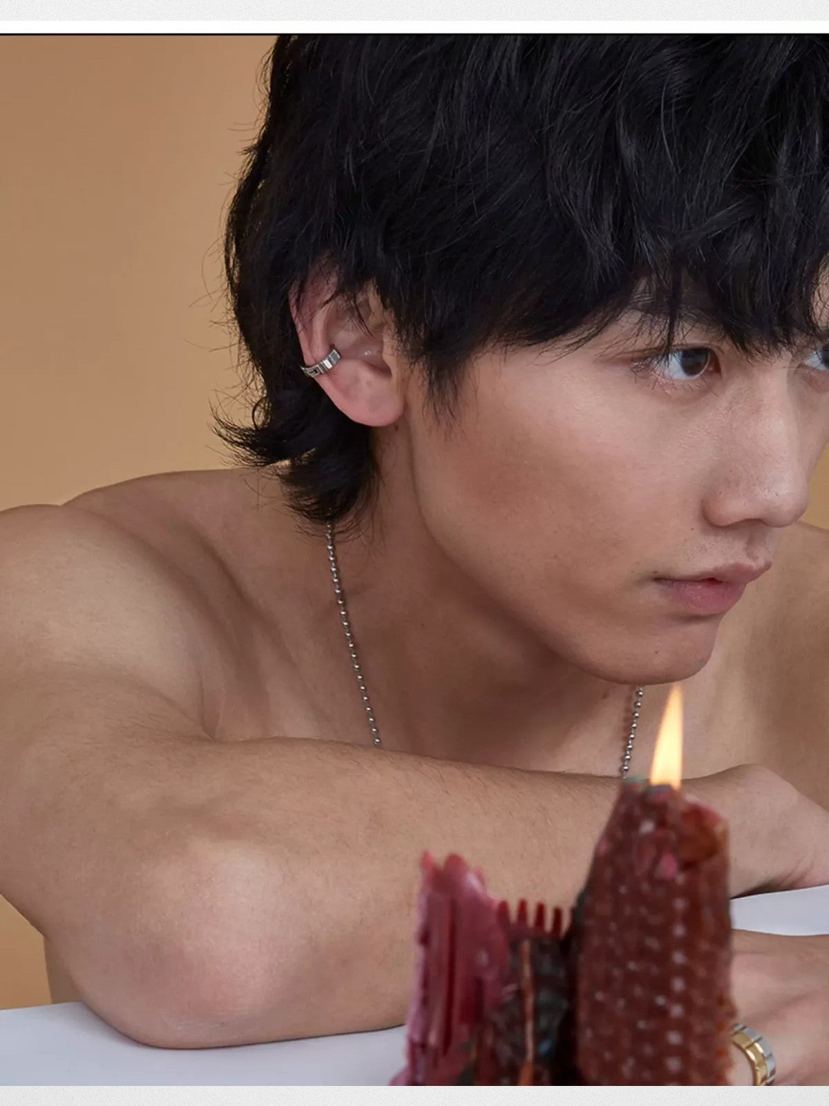 BLACKHEAD Two Tone Chocolate Block Ear Cuff in Gray - On Male Model