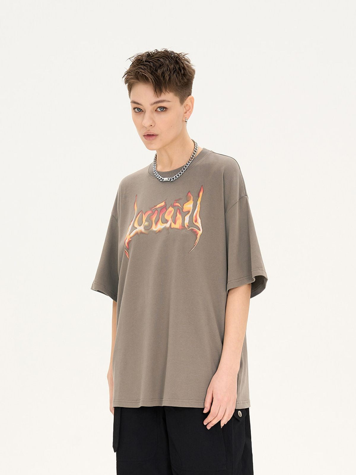 LOSTCTRL Flame Logo Heavy Cotton T Shirt in Olive - On Model