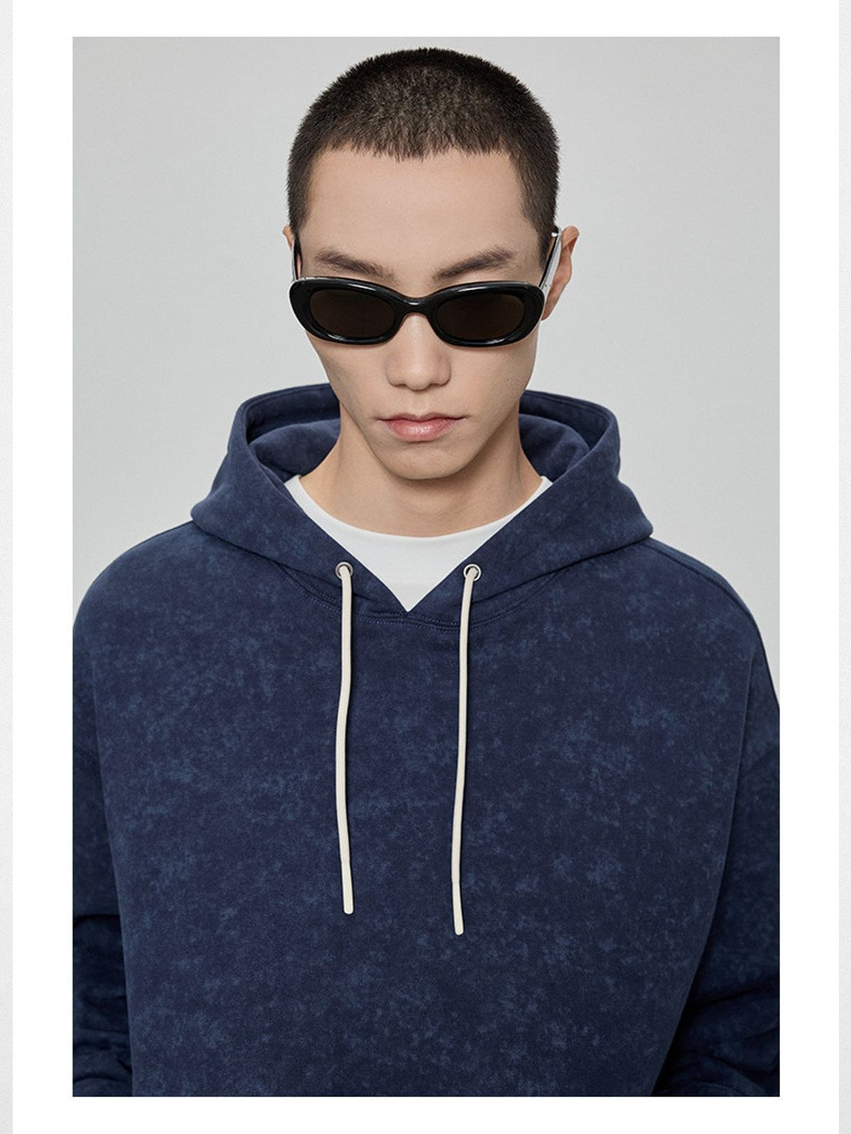 NANS Heavyweight Washed French Terry Hoodie in Navy Blue - On Model