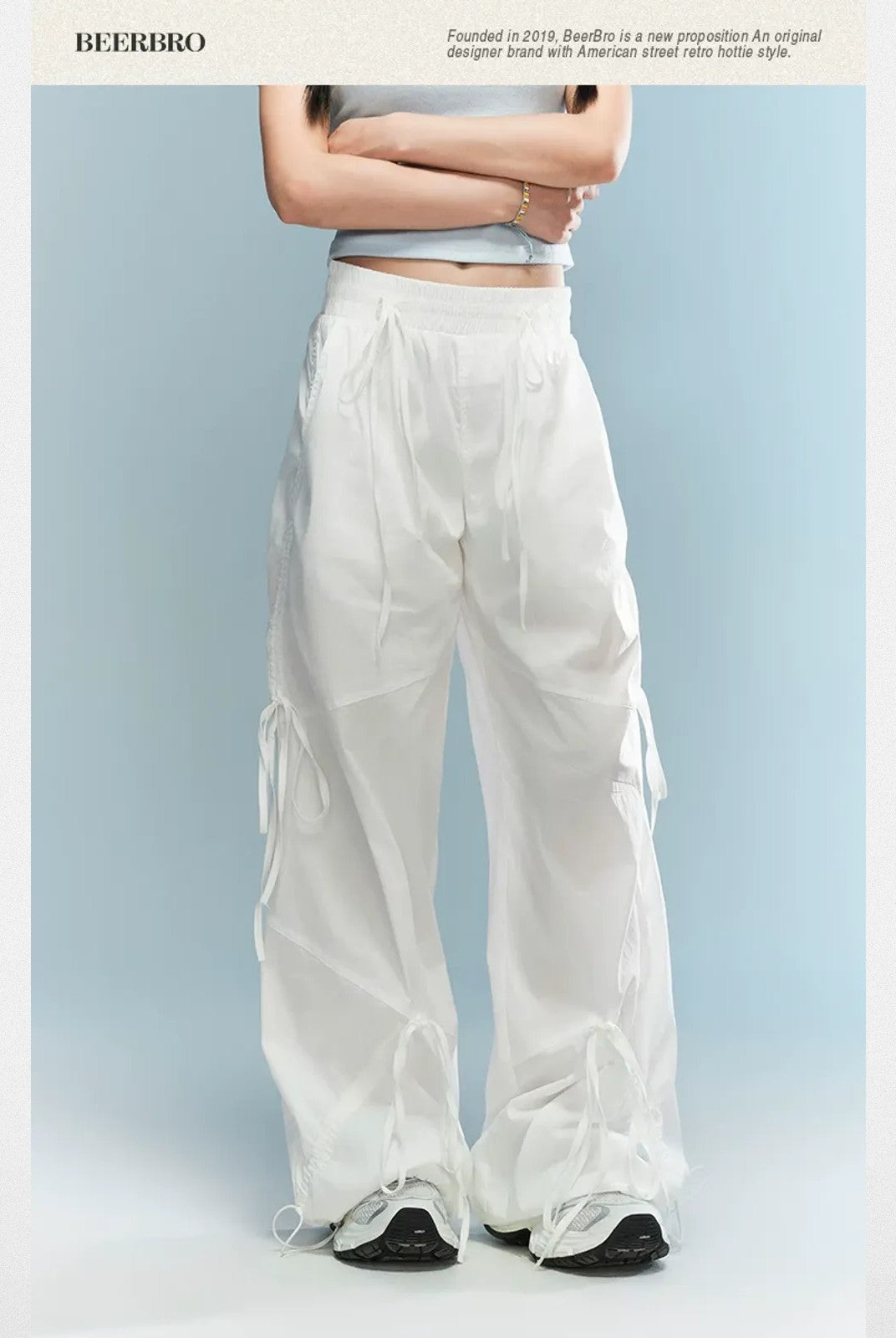 BeerBro Ruched Wide Leg Parachute Pants in White - On Model