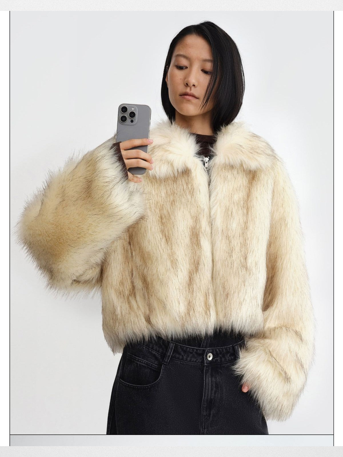 RARELY ALIKE Short Faux Fur Zip Jacket in Cream - On Model