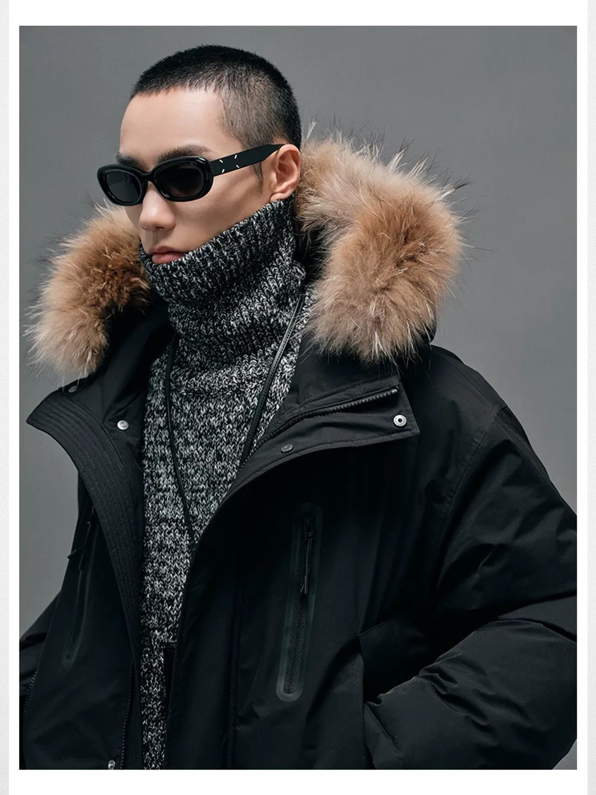 NANS Goose Down Parka with Fur Collar in Black - On Male Model