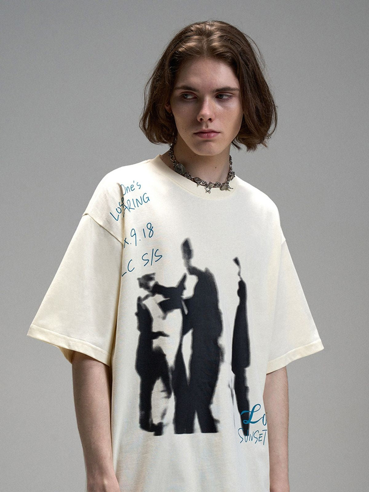 LOSTCTRL Mohe Ballroom Washed Graphic Tee in White - On Male Model