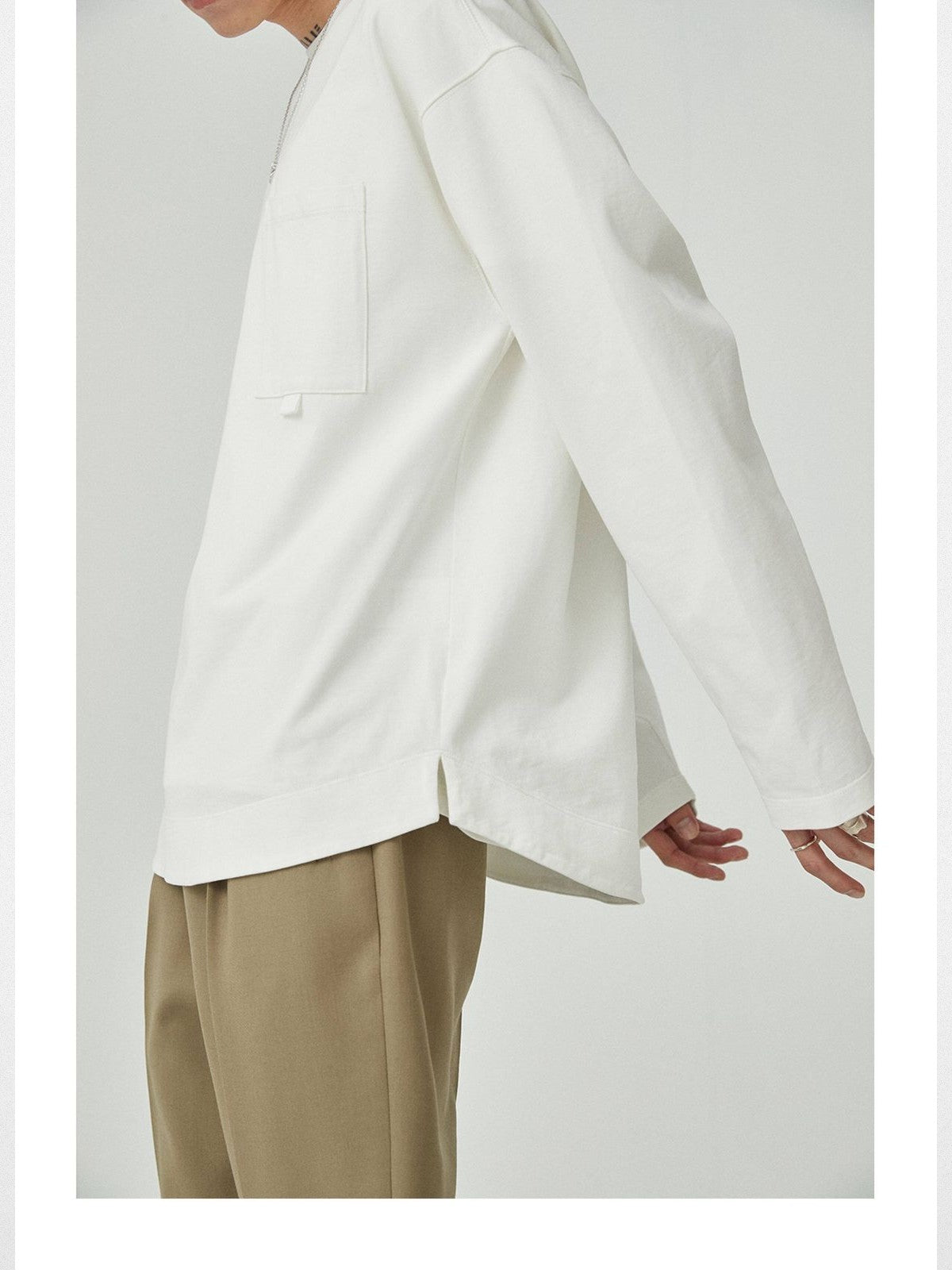 NANS Webbing Strap Pocket Long Sleeve Tee in White - On Model