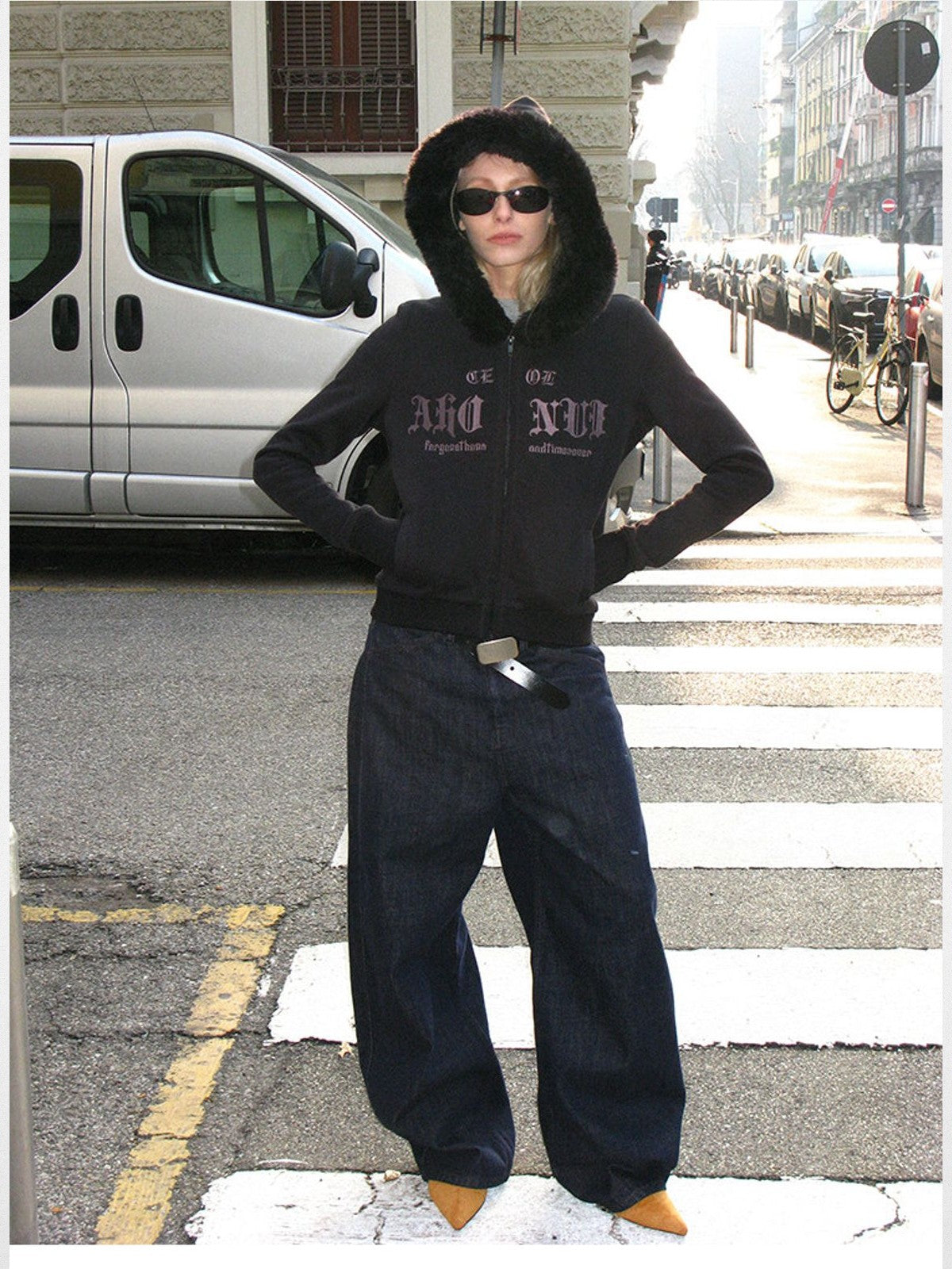 ACSENSE STUDIO Embroidered Faux Fur Zip Hoodie in Black - On Model