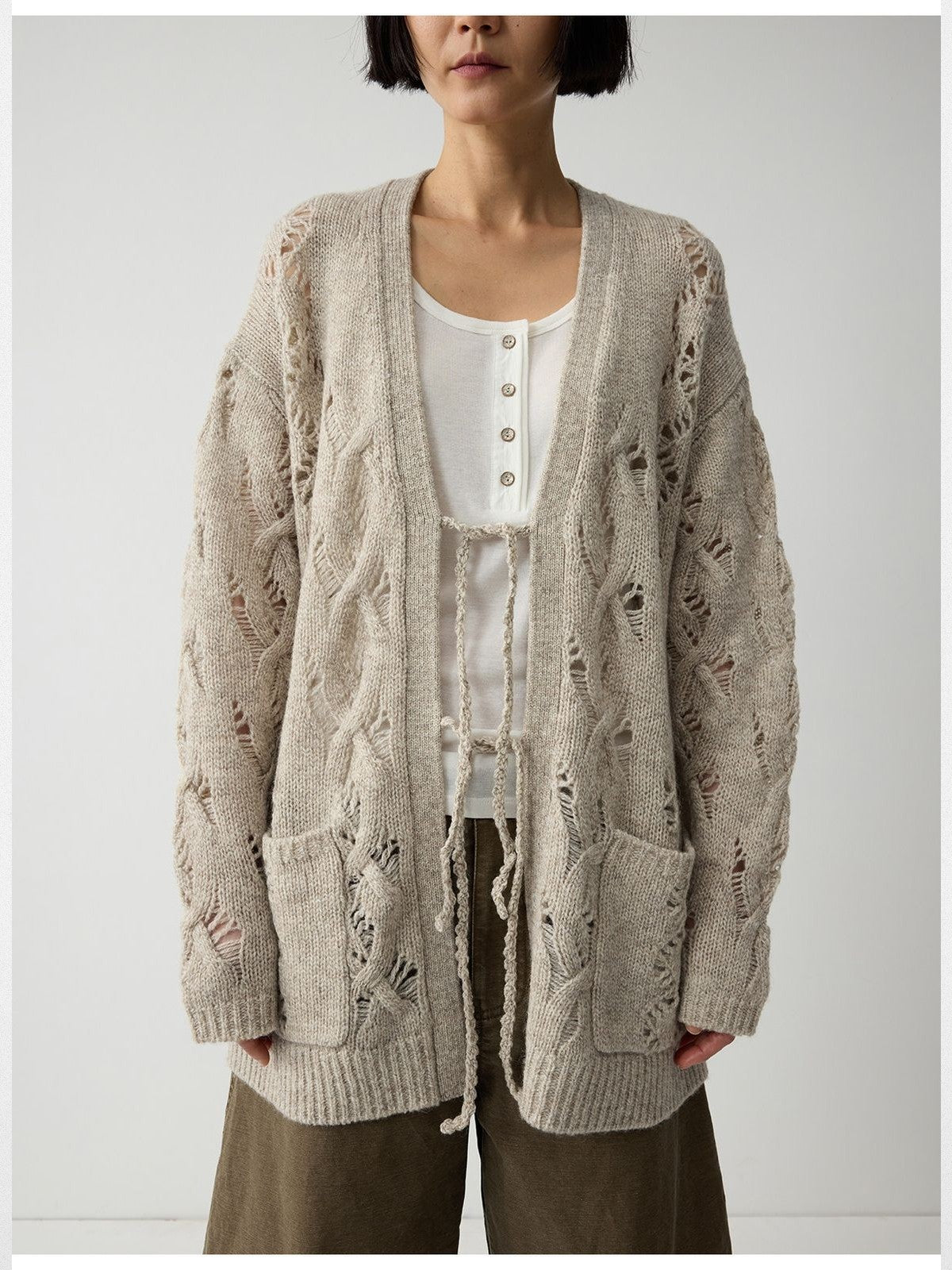 RandomPiece 100 Wool Openwork Tie Front Cardigan in Beige - On Model