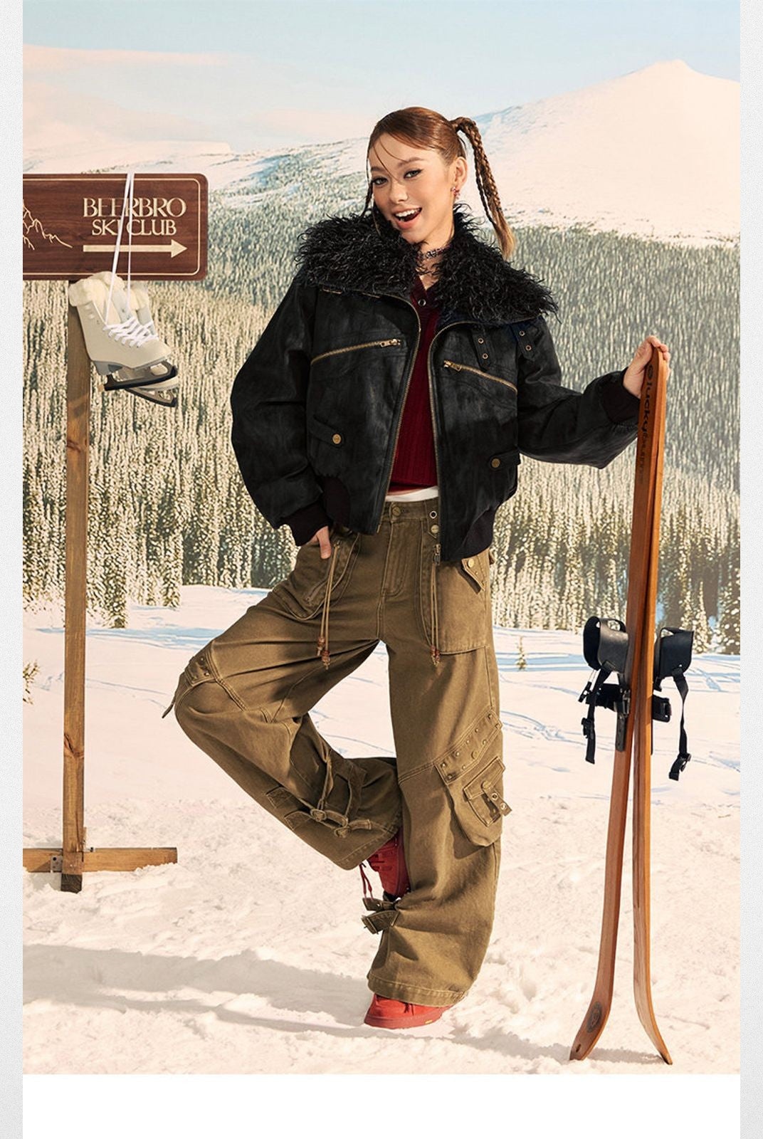 Beer Bro Faux Fur Collar PU Suede Bomber in Black - On Model