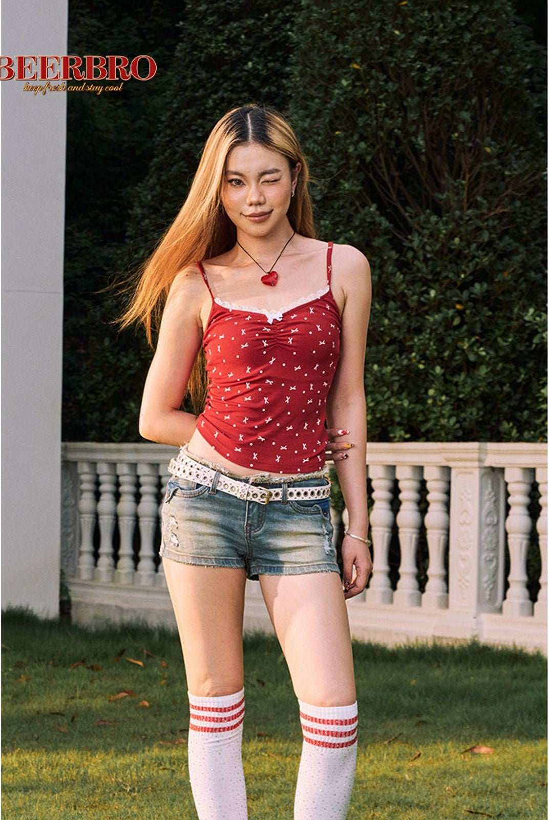 BeerBro Lace Trim Bow Print Camisole in Red - On Model