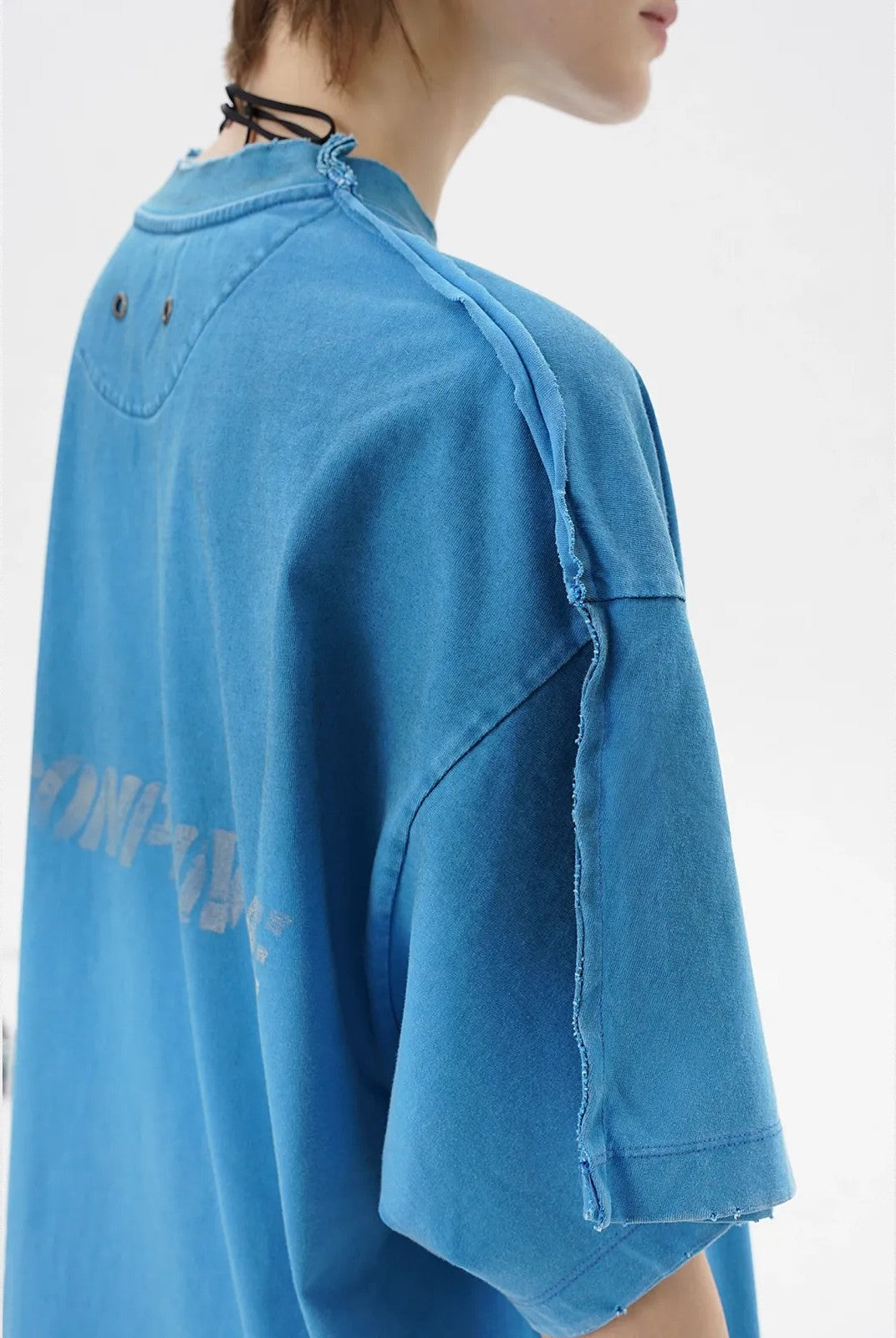 MASONPRINCE Distressed Spray Paint Logo Tee in Sky Blue - On Model