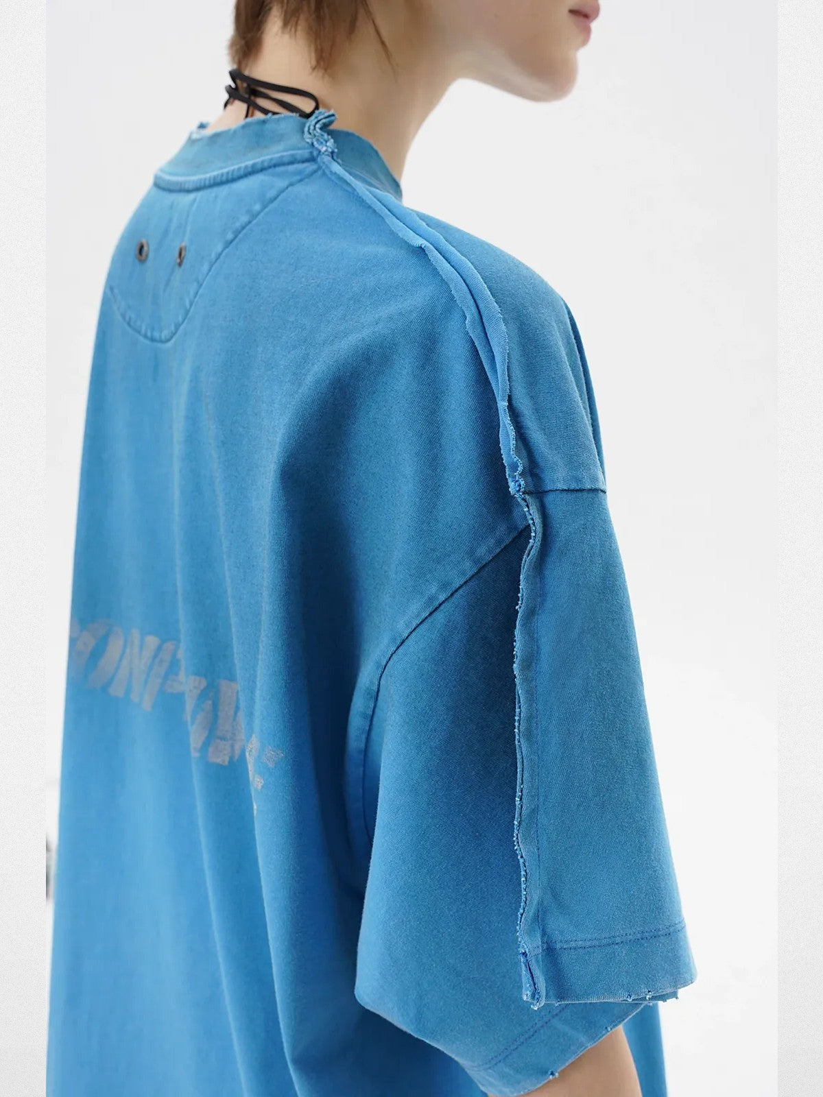 MASONPRINCE Distressed Spray Paint Logo Tee in Sky Blue - On Model