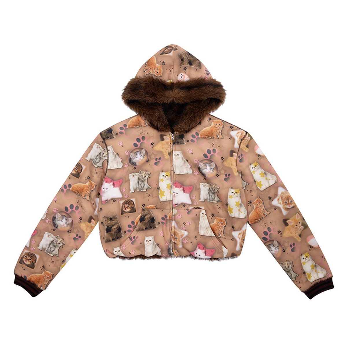 CFIERCE Reversible Cat Print Faux Fur Jacket in Beige