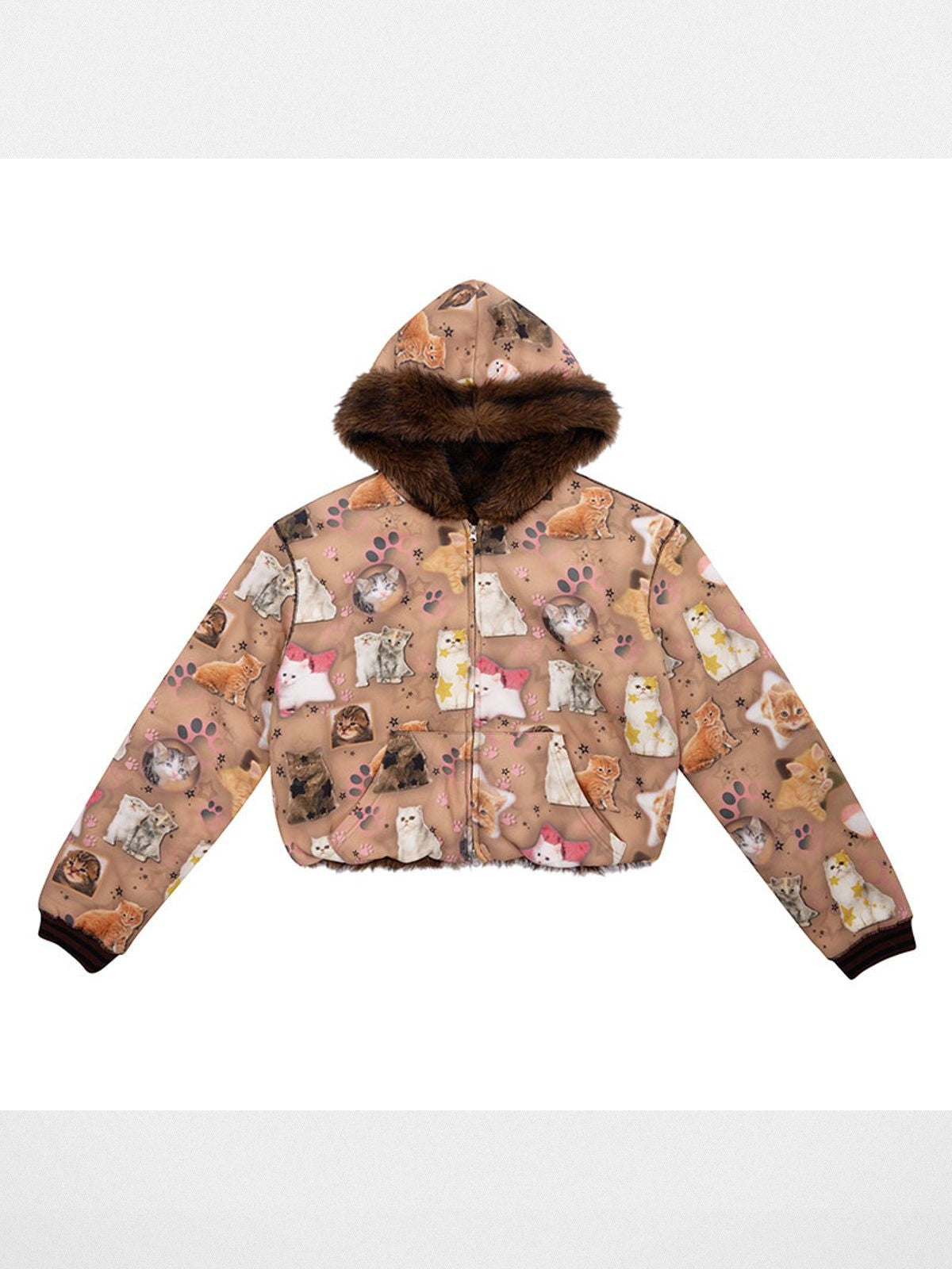 CFIERCE Reversible Cat Print Faux Fur Jacket in Beige