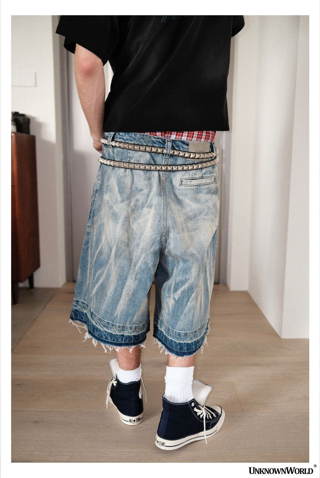 UNKNOWNWORLD Distressed Wash Baggy Shorts in Blue - On Model