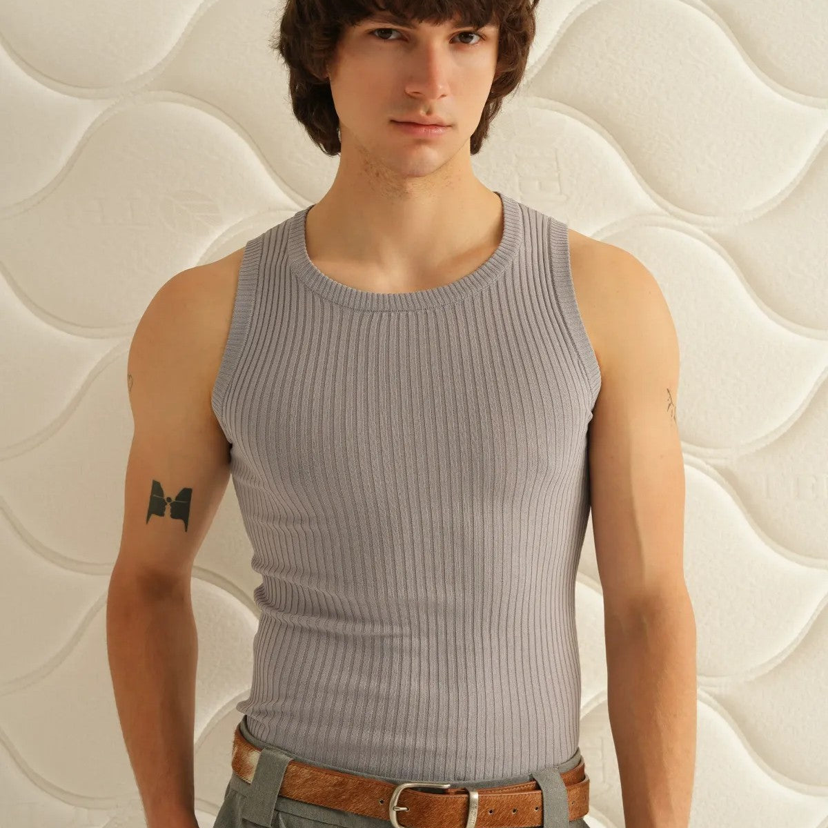 Retro 21 Ribbed Knit Tank Top in Gray - On Model