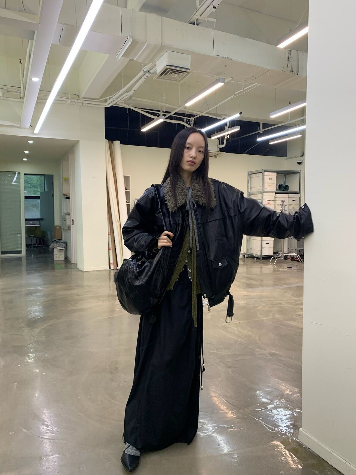 NeverSeez Fur Collar Faux Leather Down Jacket in Black - On Model