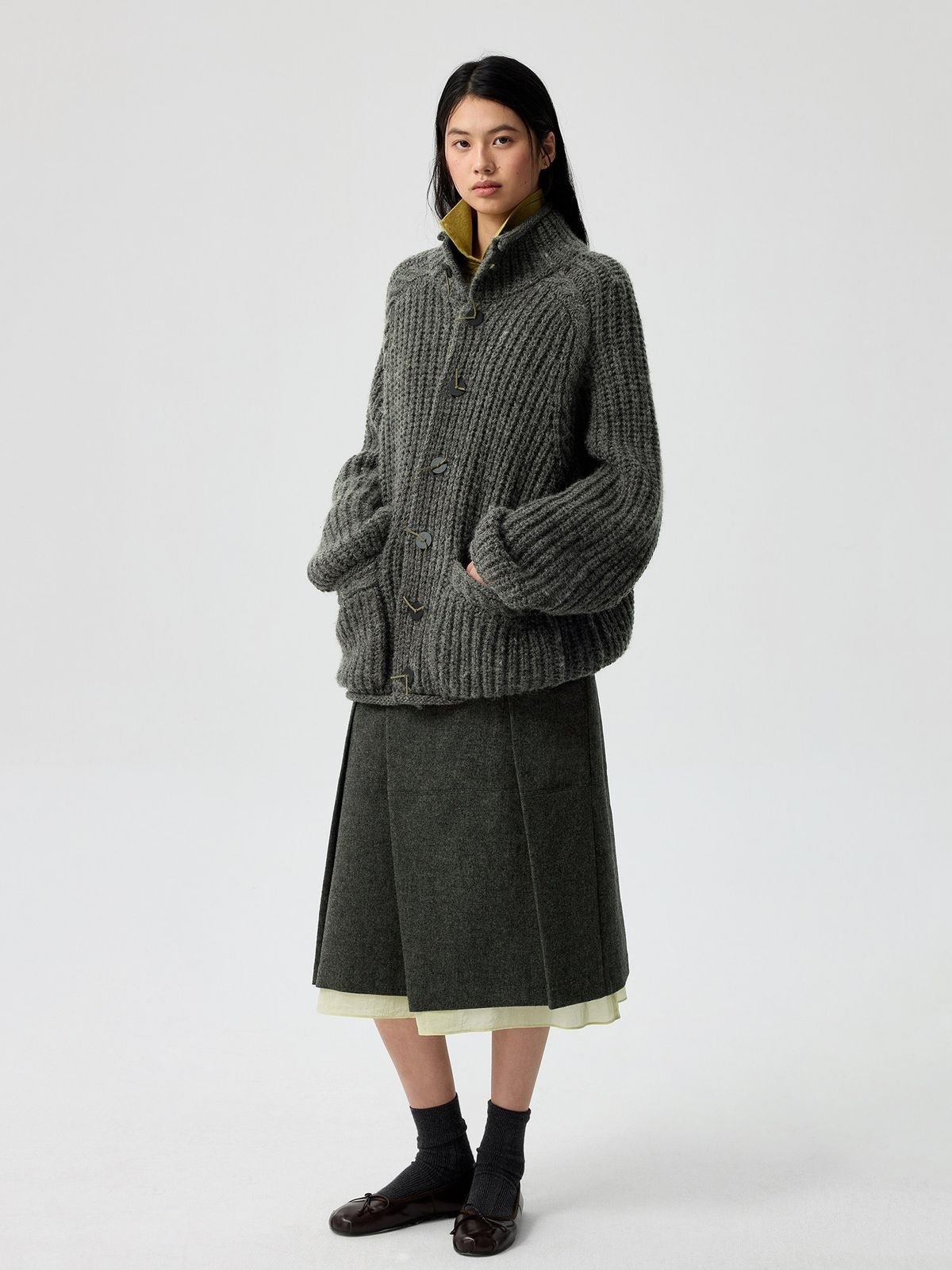 Simple Project Chunky Wool Blend High Neck Cardigan in Gray - On Female Model