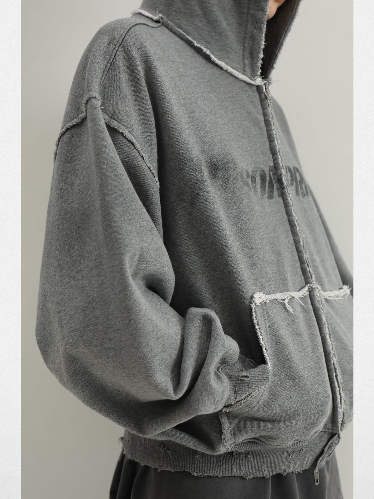MasonPrince Distressed Graffiti Zip Hoodie in Gray - On Model