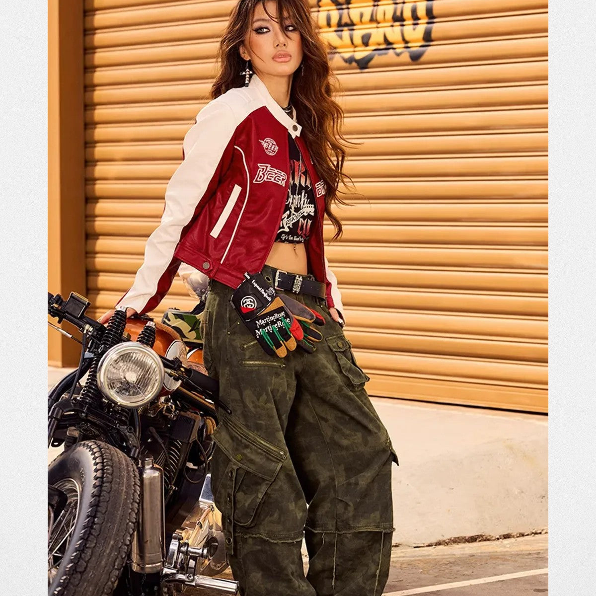 BeerBro Padded Faux Leather Moto Jacket in Red - On Model