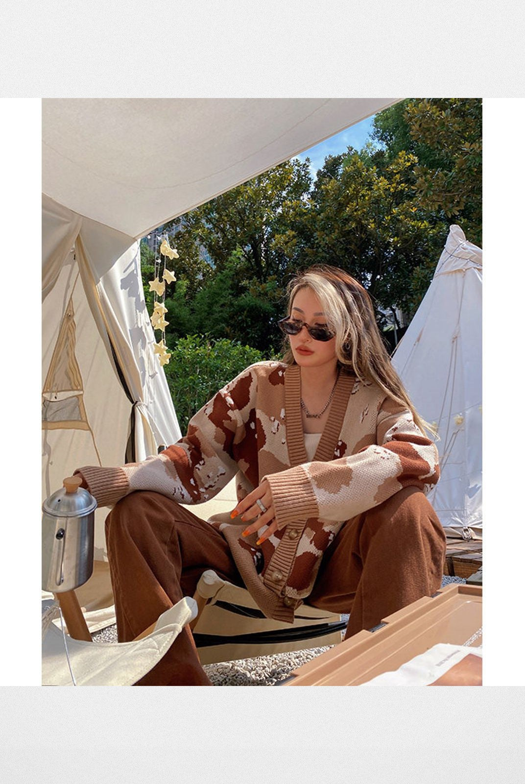 BeerBro Oversized Camo Knit Sweater in Beige