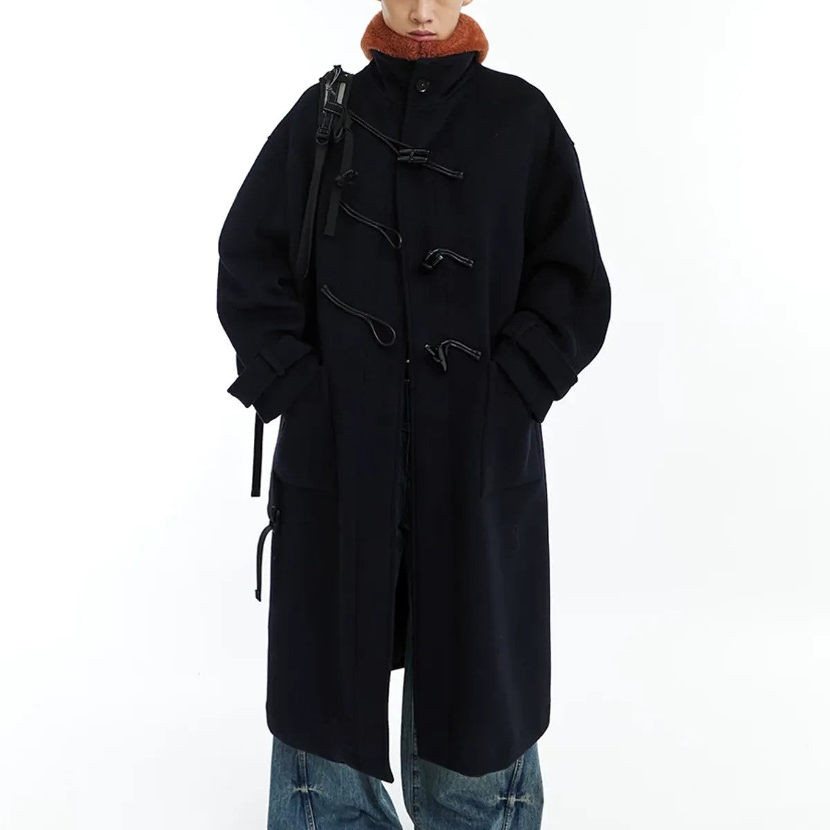 NeverSeez Wool Blend Stand Collar Toggle Coat in Navy - On Model