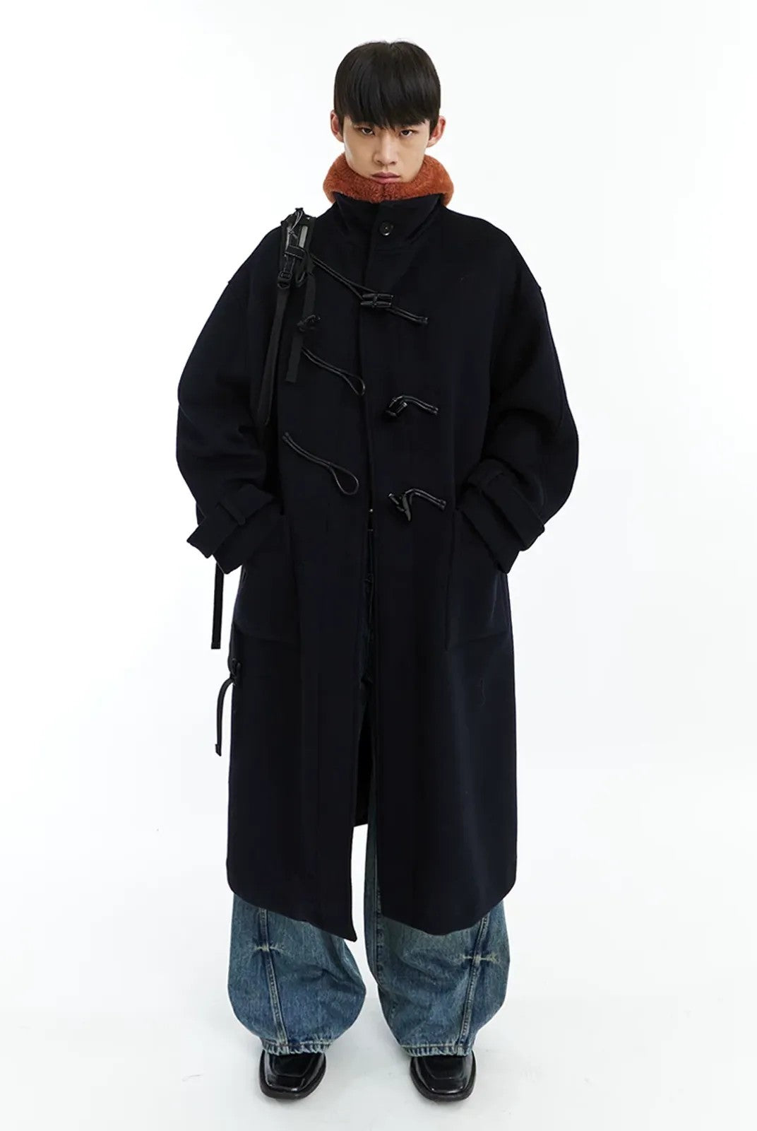 NeverSeez Wool Blend Stand Collar Toggle Coat in Navy - On Model