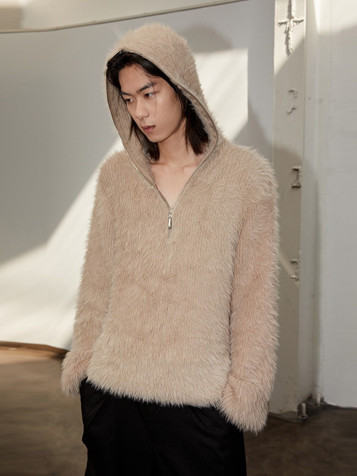 Y OFFICIAL Faux Mink Half Zip Hoodie in Beige - On Male Model