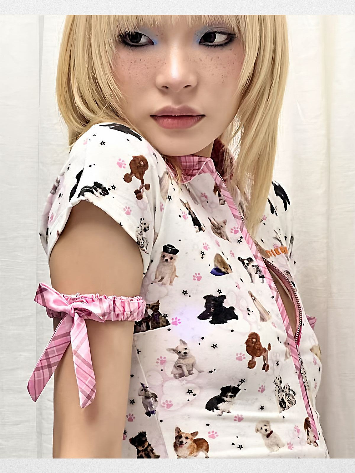 CFIERCE Dog Print Zip Front Polo in White - On Model